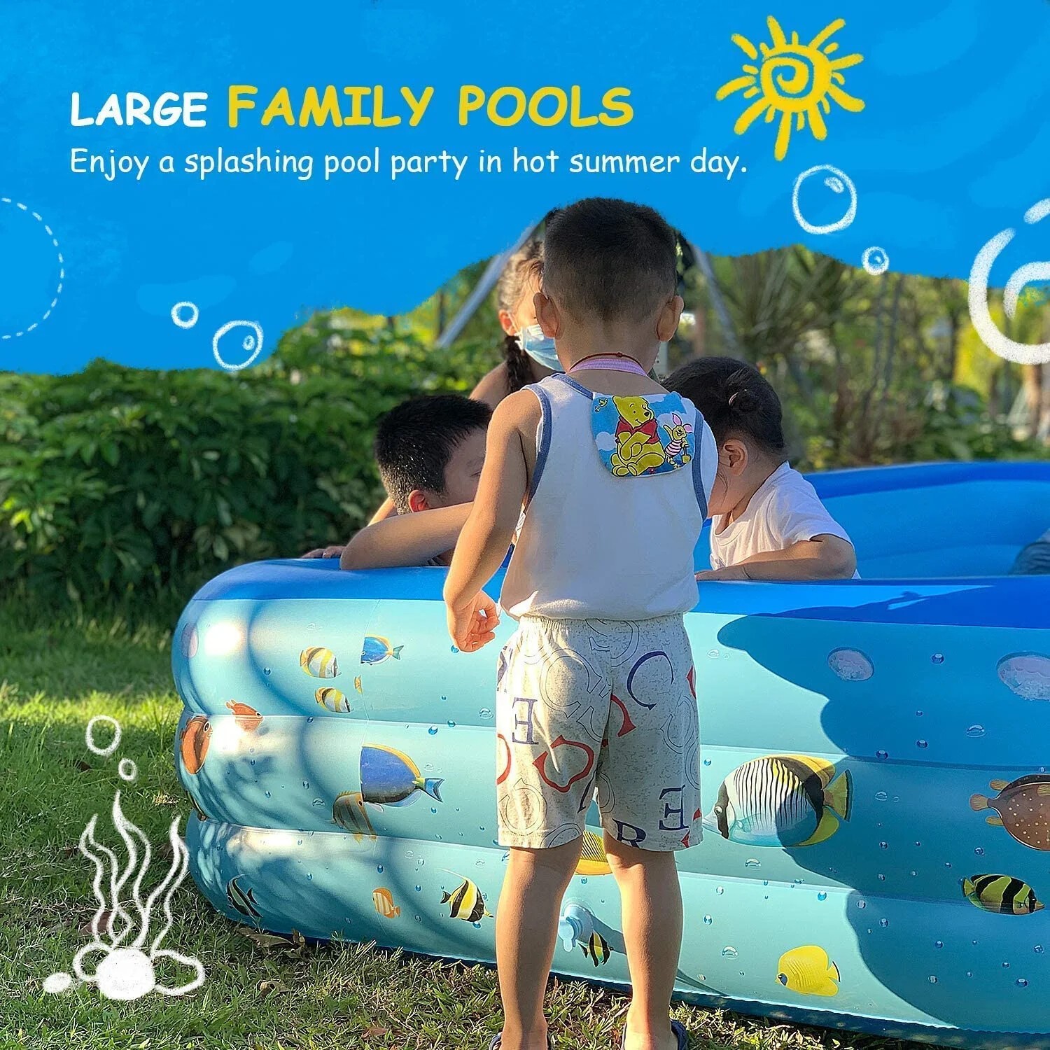 Inflatable Swimming Pool for Kids & Adults, Family-Size Rectangle, Blue
