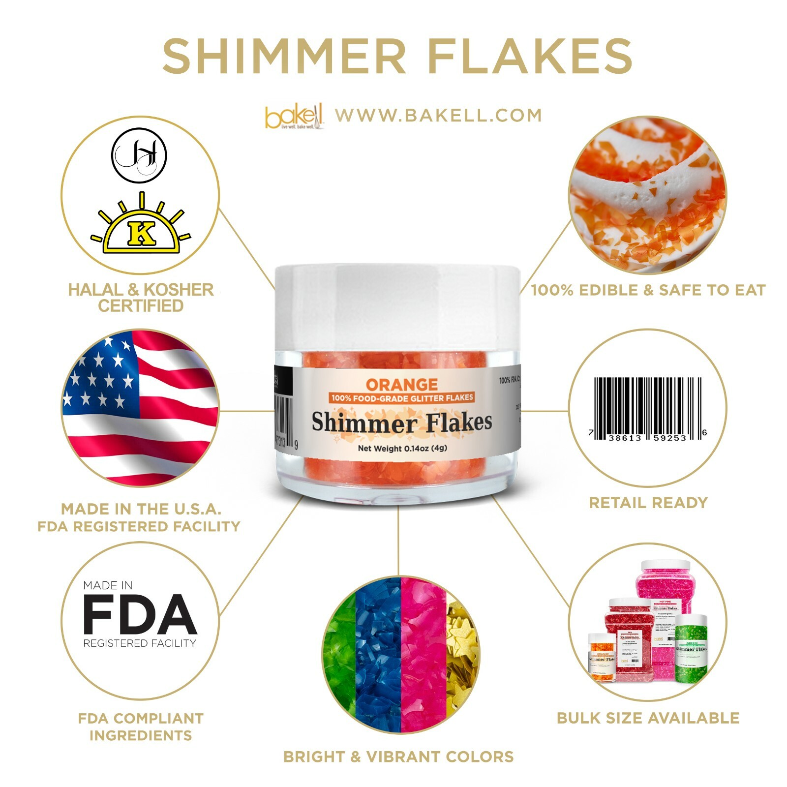 Orange Edible Shimmer Flakes 4g Jar Edible Glitter Freezer & Bake Safe Flakes