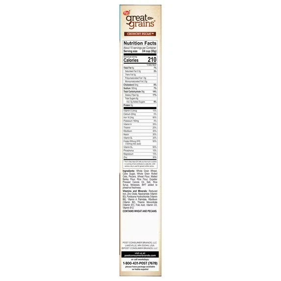 Post Great Grains Crunchy Pecan Cereal Whole Grain Low Fat 19oz