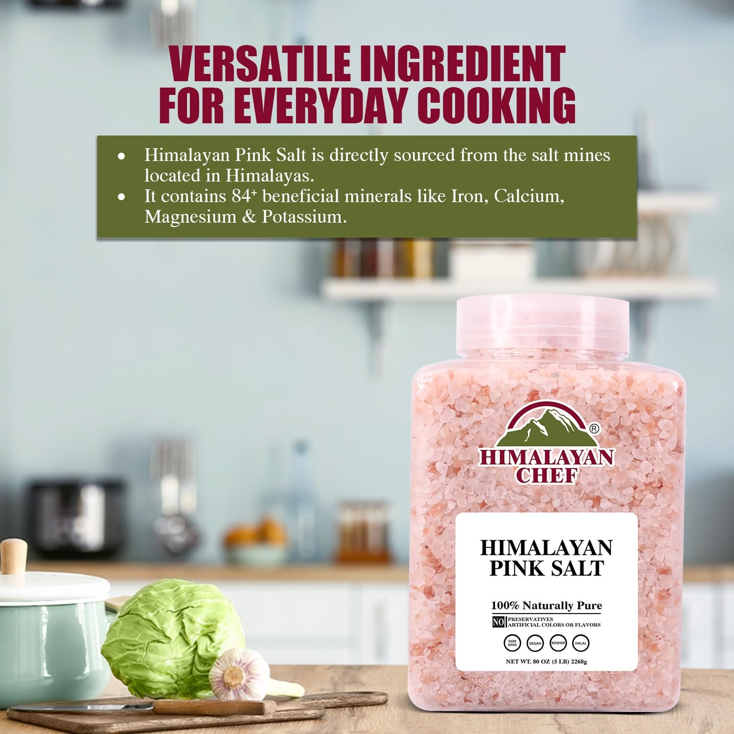 Himalayan Chef Pink Himalayan Salt Coarse Grain, 5 lbs Plastic Jar – Pure, Na…