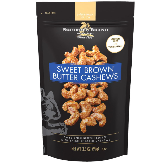 Squirrel Brand Sweet Brown Butter Cashews, 3.5 oz Resealable Bag, Gourmet Flavor