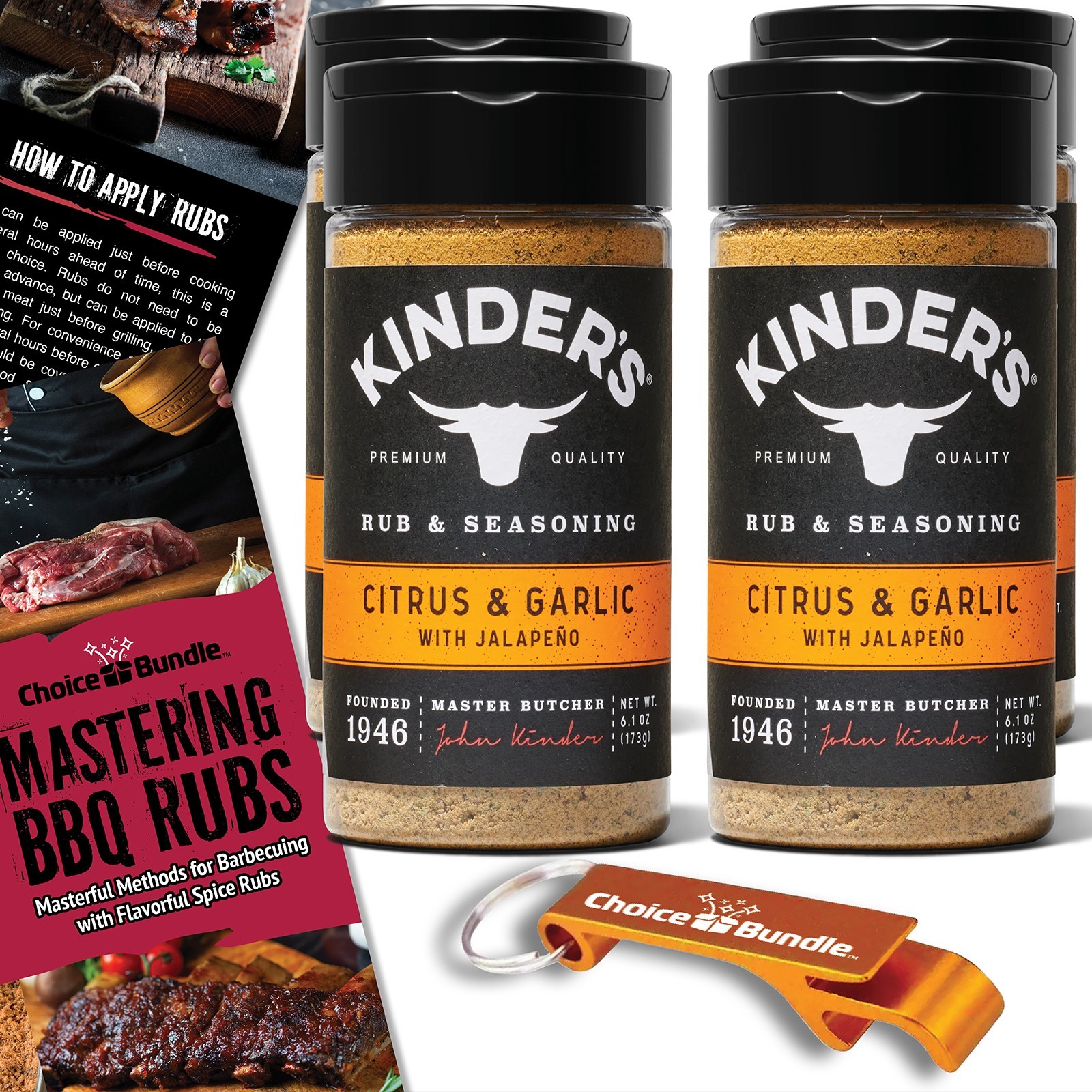 Kinder’s Citrus Garlic Jalapeno BBQ Seasoning Rub 6.1 oz 4 PK + Guide & Opener