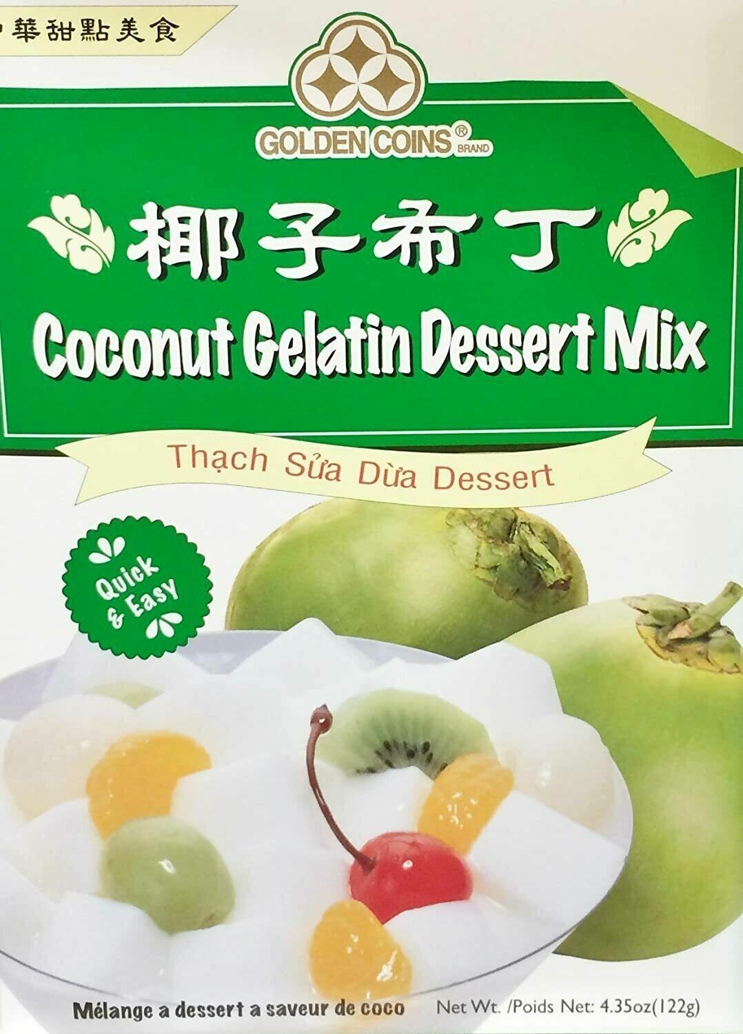 Golden Coins Coconut Gelatin Dessert Mix 4.35 oz ( Pack of 12 ) Made In USA