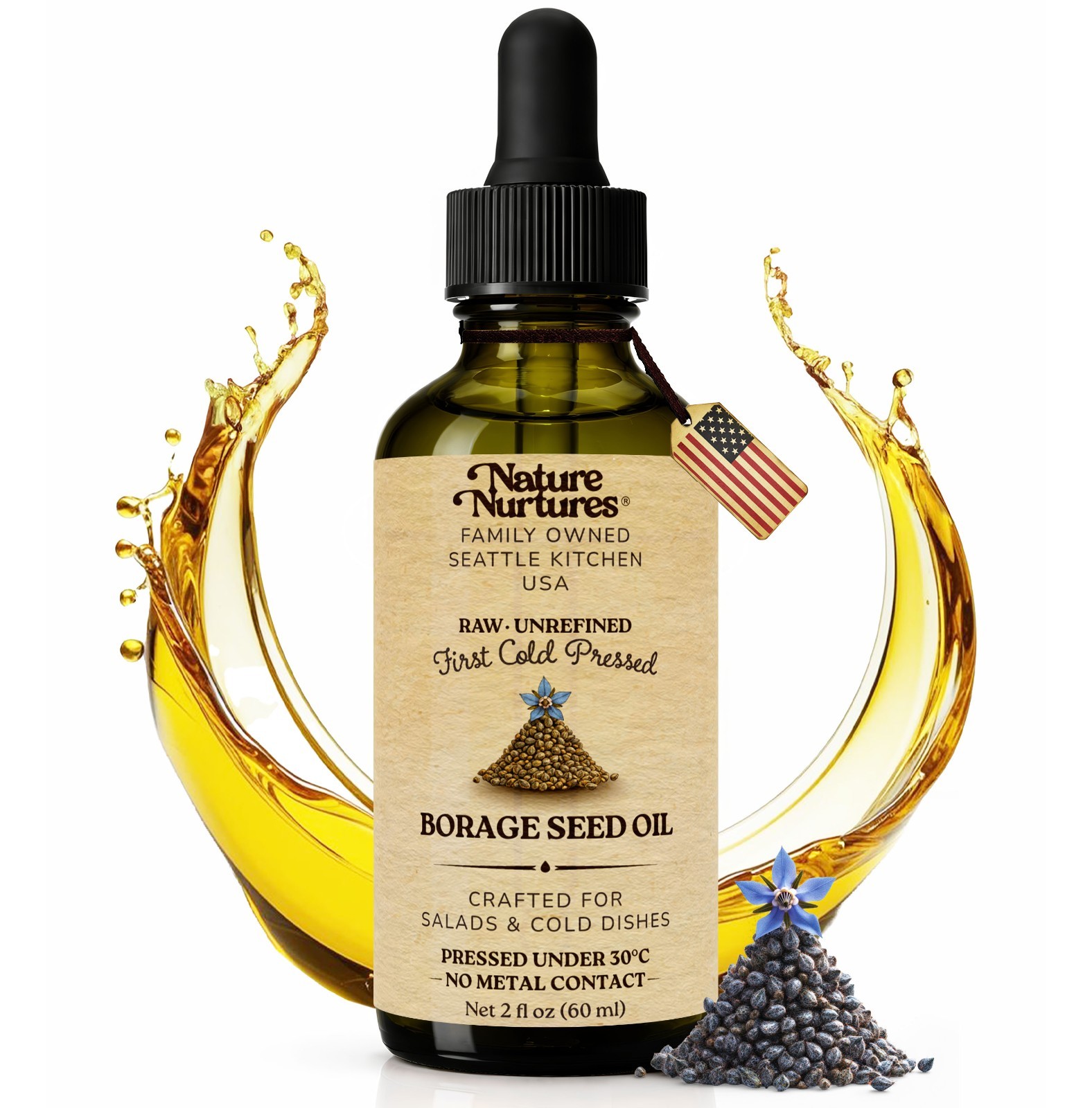 Borage Oil for Cooking Raw Unrefined First Cold-Pressed Below 30C Made in USA