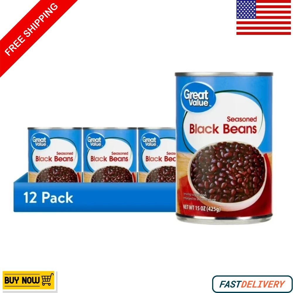 [12-Pack Bulk Bundle] Great Value Seasoned Black Beans | 15 oz Cans