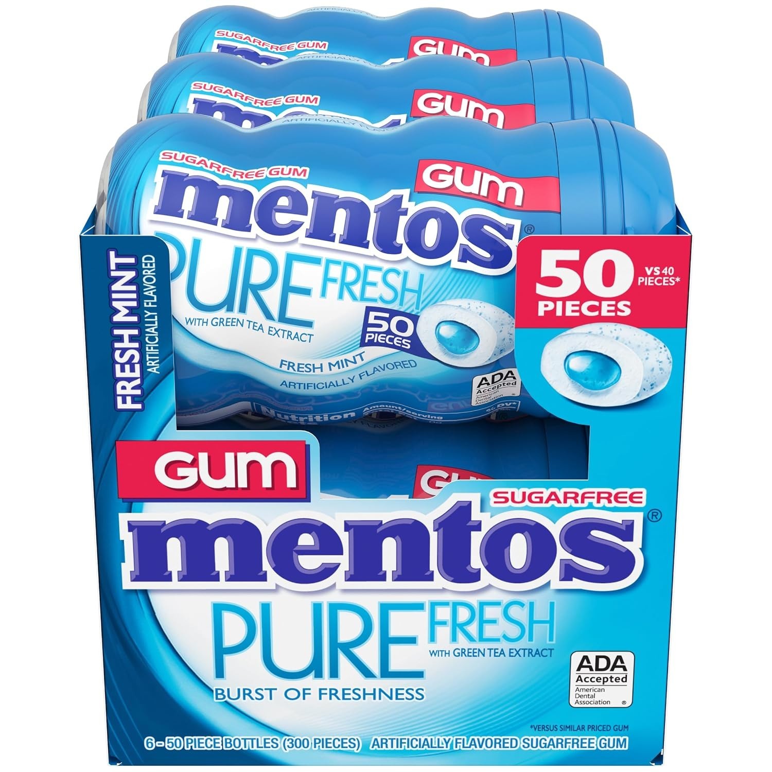 Pure Fresh Sugar-Free Chewing Gum with Xylitol, Fresh Mint, 50 Count Pack of 6