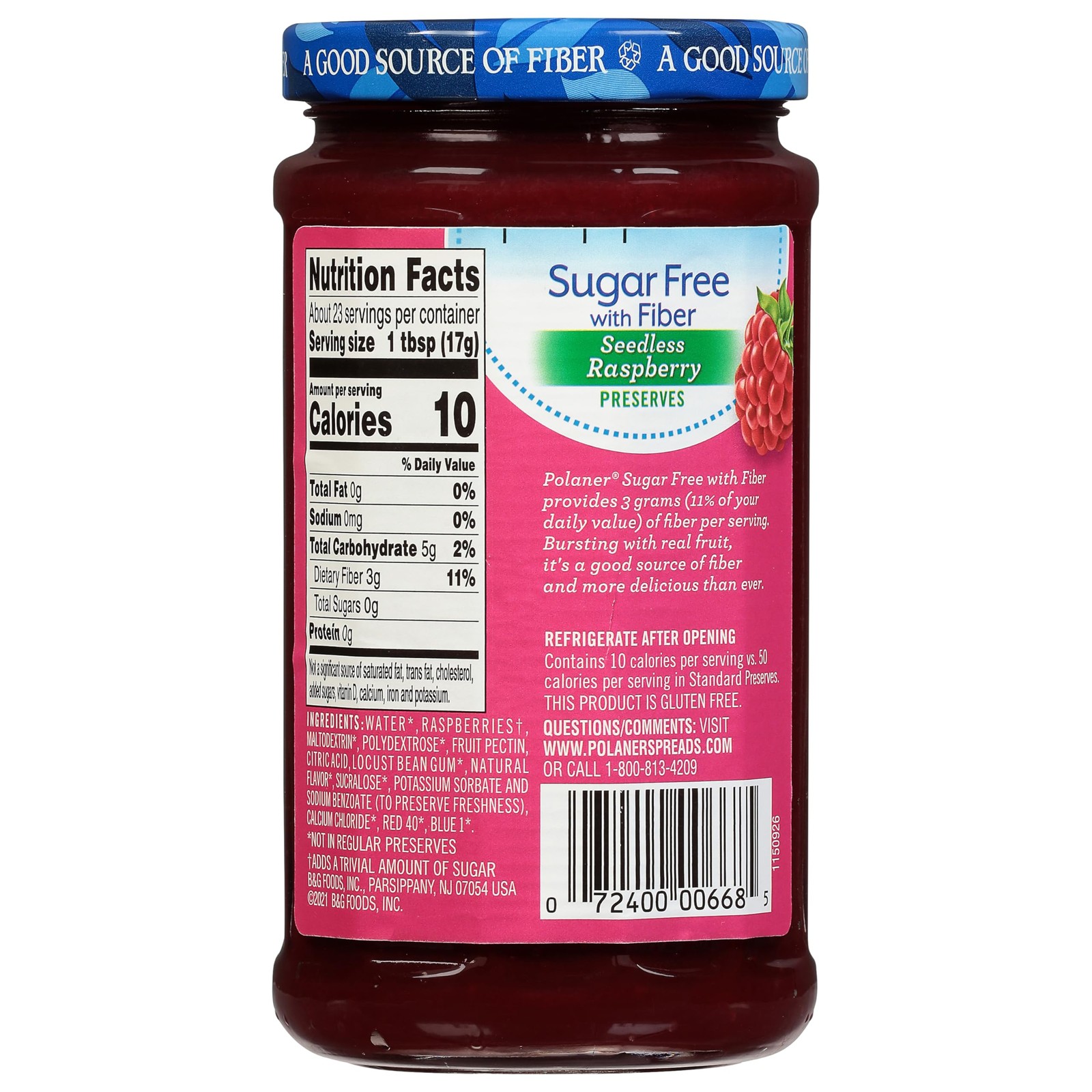 Polaner Sugar Free with Fiber, Seedless 13.51 Ounce (Pack of 1), No Color