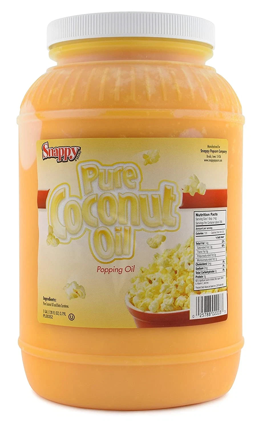 Snappy Popcorn Colored Coconut Oil No trans fats ,Great buttery flavor, 1 Gallon