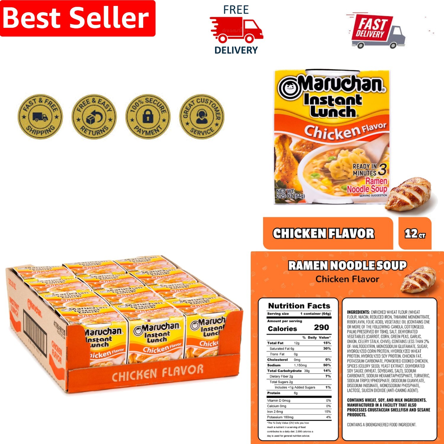 12 Pack Instant Chicken Ramen Cups – Delicious, Kosher, and Ready in Minutes