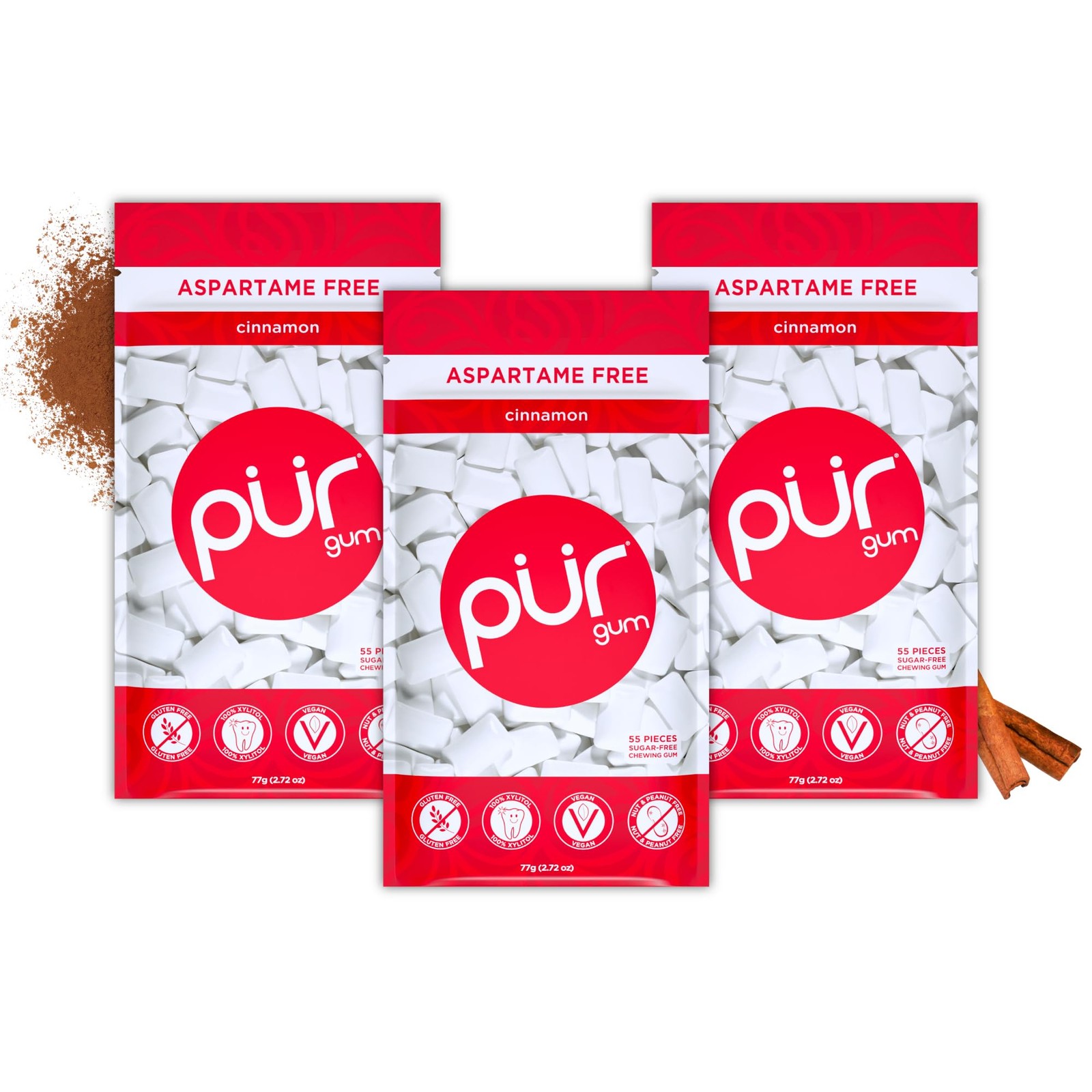 PUR Gum | Aspartame Free Chewing | 100% 55 Count (Pack of 3), Cinnamon