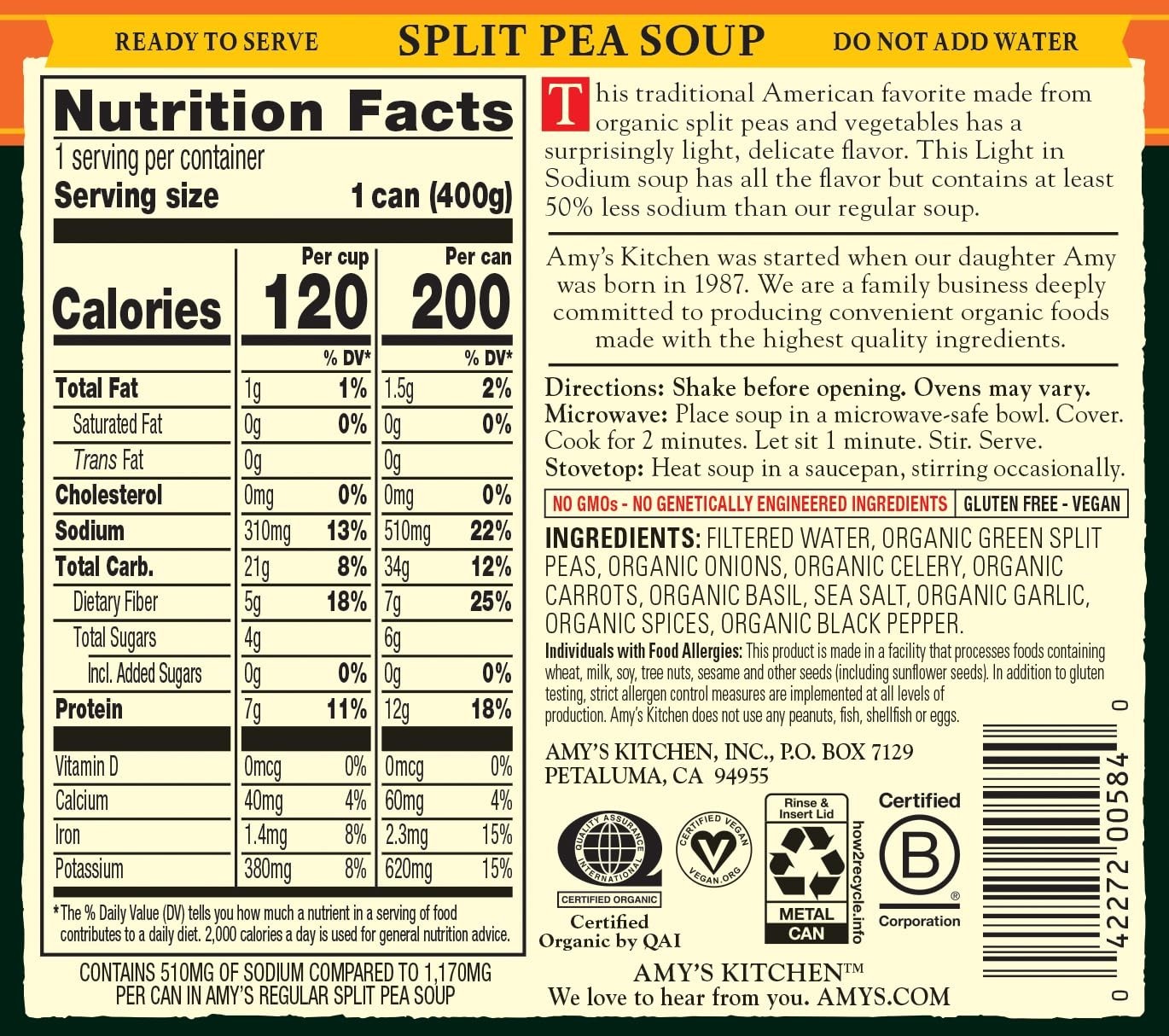 Amy’s Organic Split Pea Soup, Light Sodium, 14.1oz, 12 Pack-