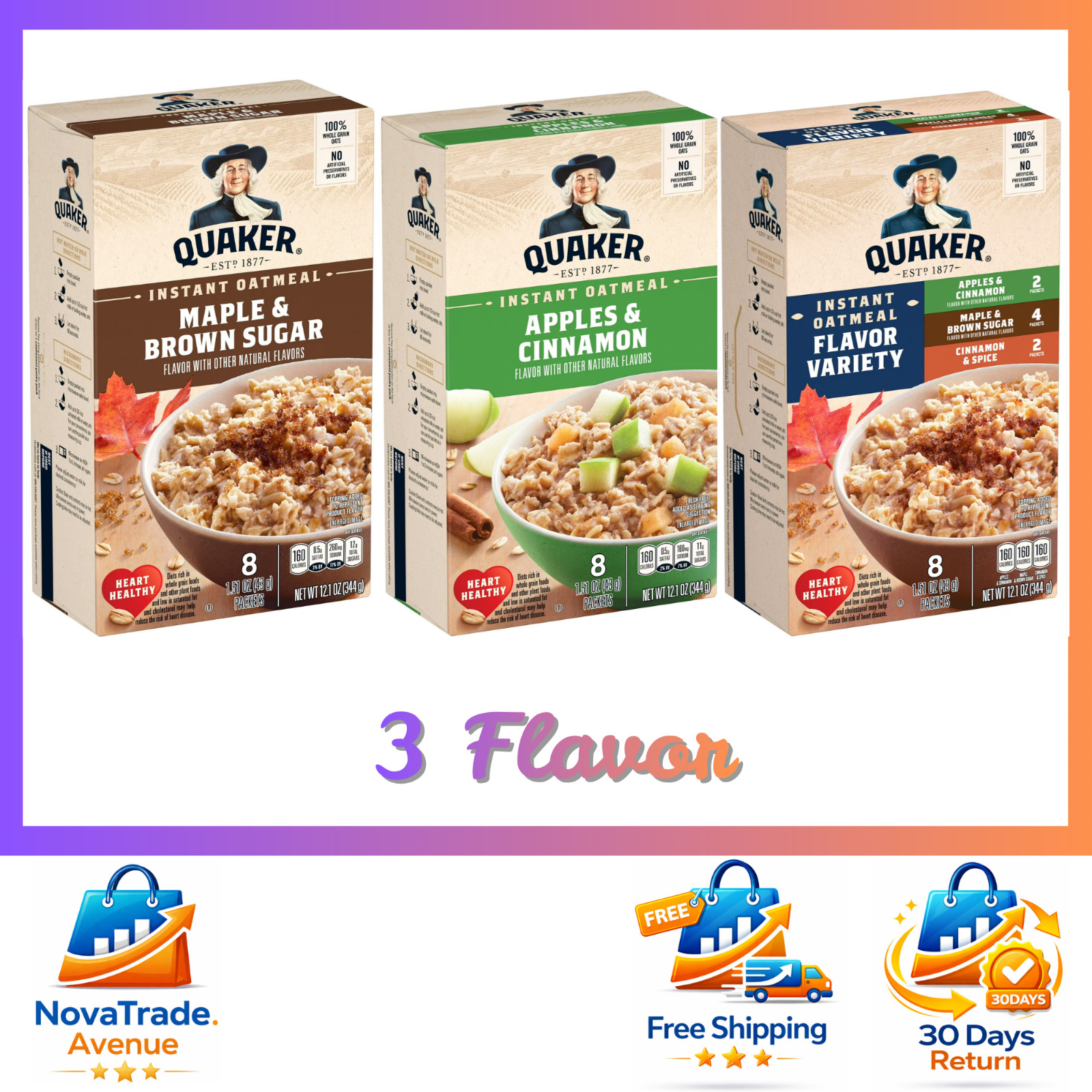 Quaker Instant Oatmeal 12.01 Oz Variety, Maple Brown Sugar & Apple Cinnamon