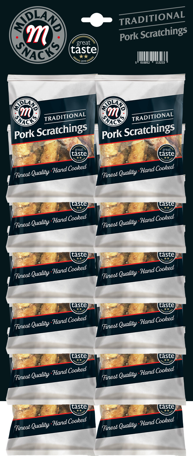 Midland Snacks Traditional Pork Scratchings 12 x 40g Packs Meat Snack Pub Card