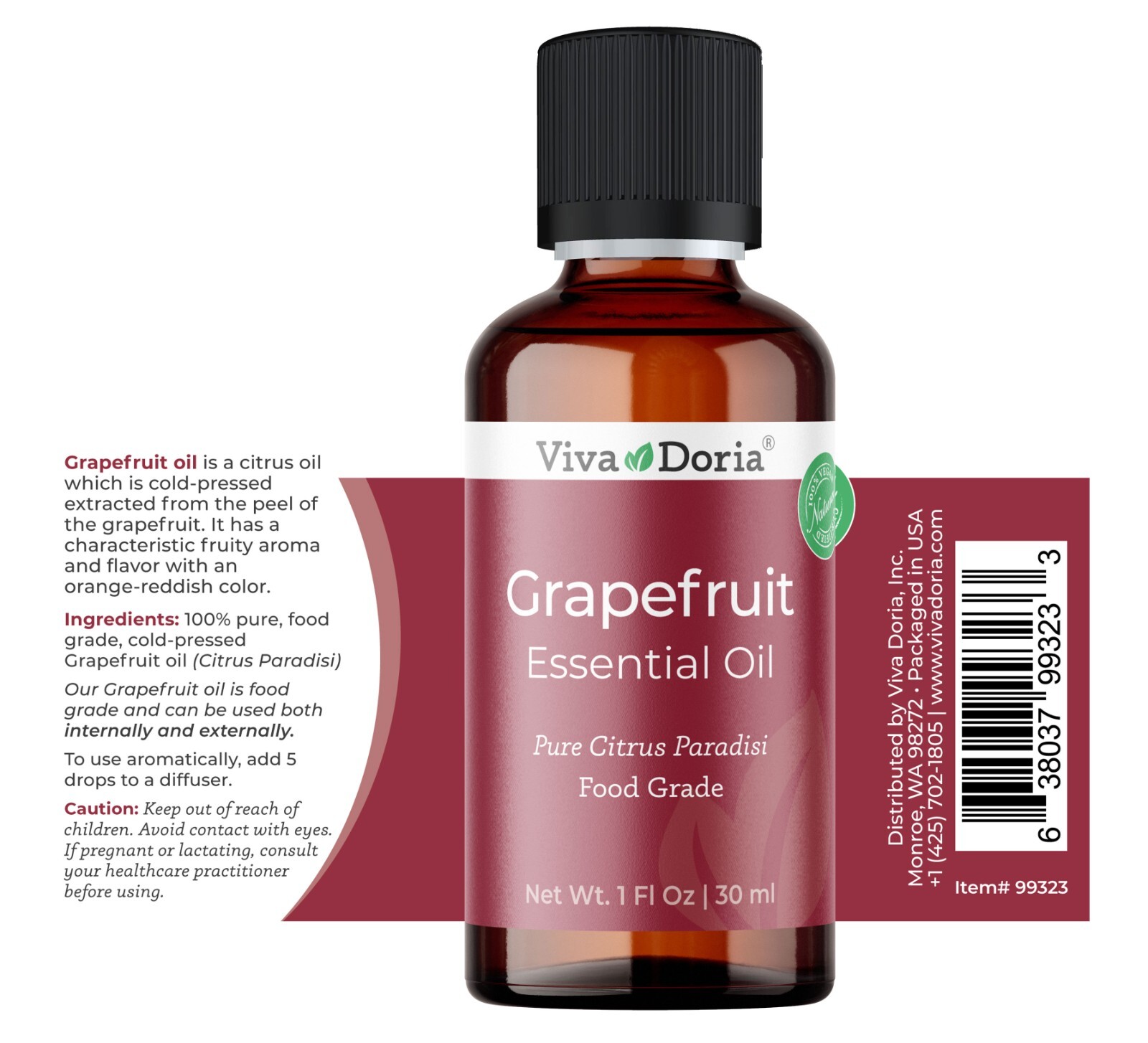 Viva Doria Pure Grapefruit Essential Oil, Food Grade, 1 Fl oz