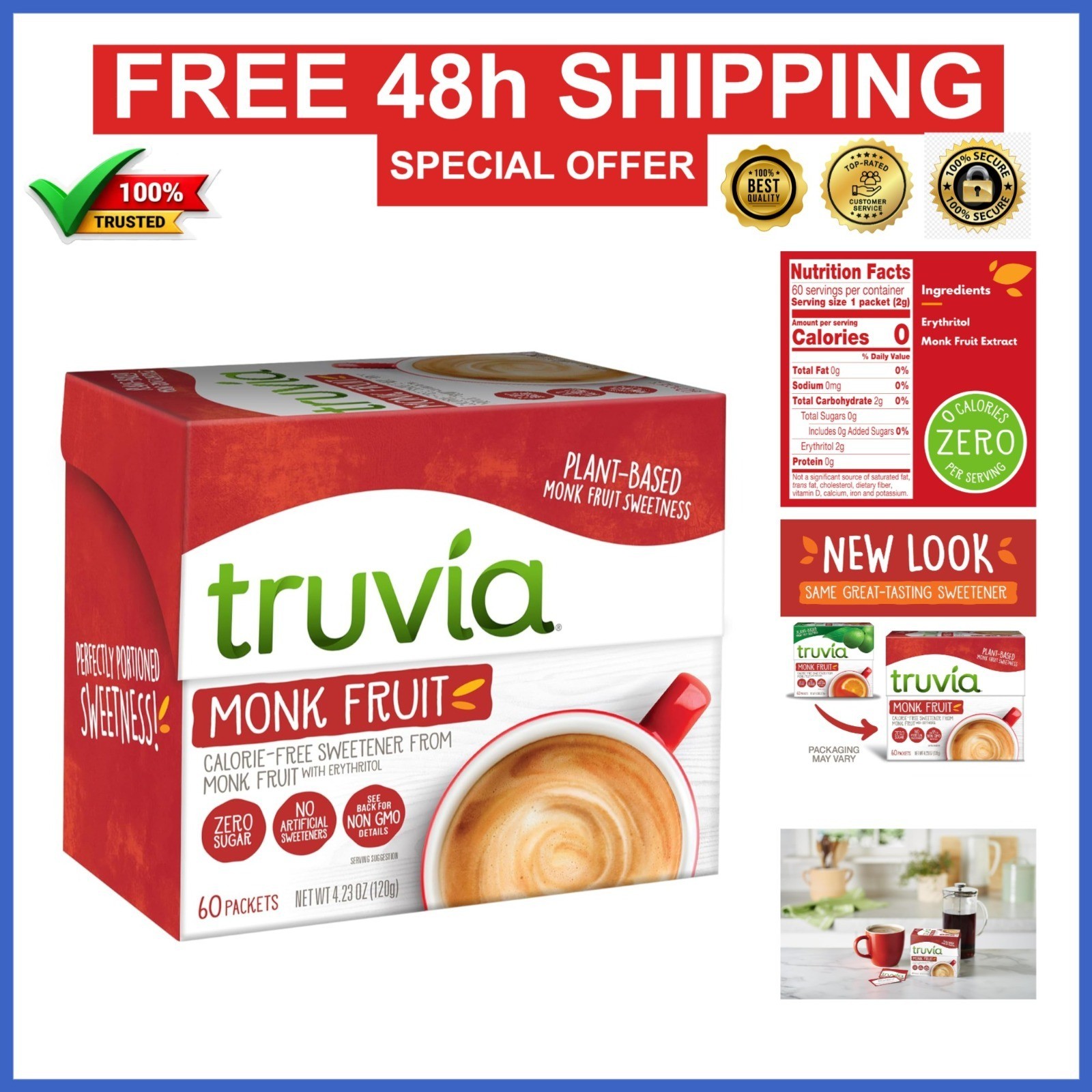 Truvia Monk Fruit Sweetener Packets – Calorie-Free, 60 Count