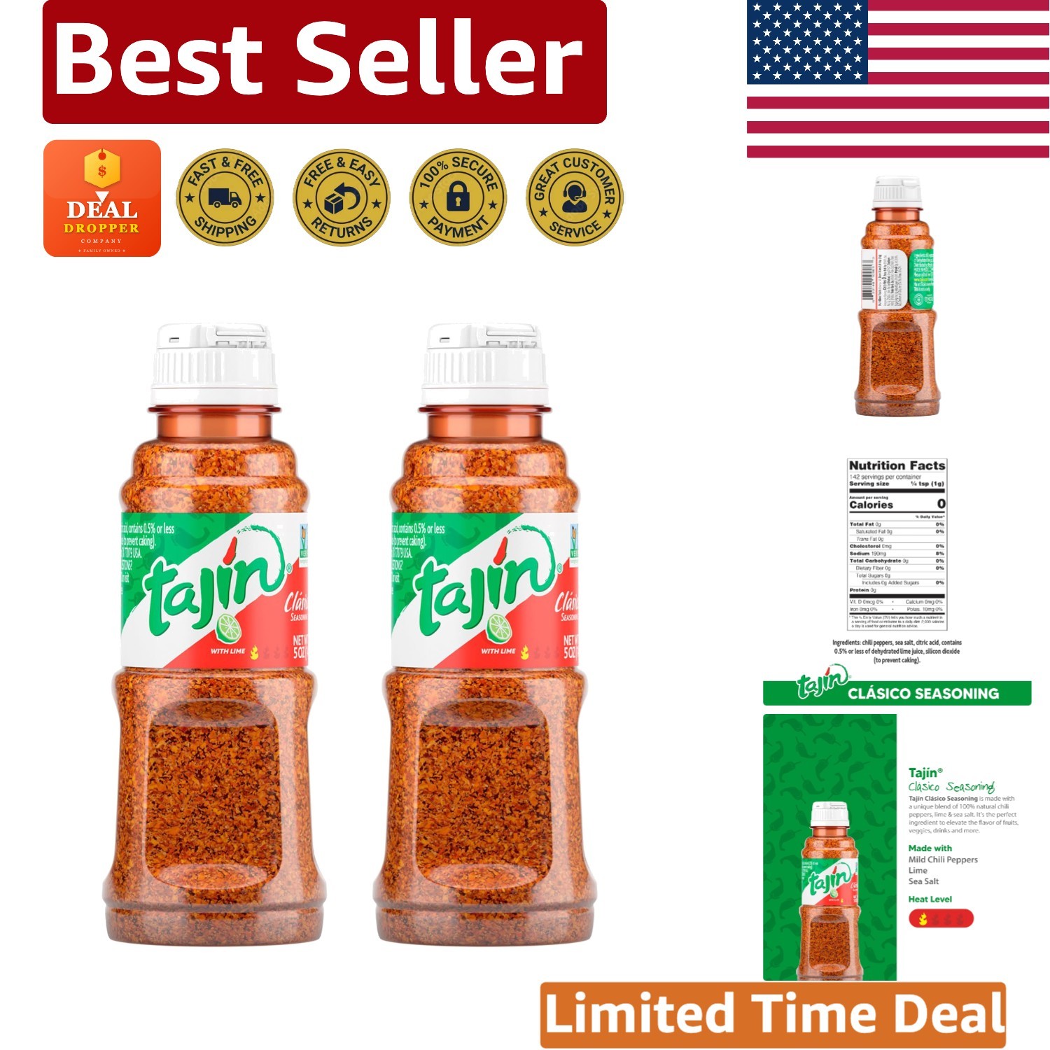 Tajín Clásico 5 oz Pack of 2: Natural Chile Lime Seasoning for Flavorful Dishes