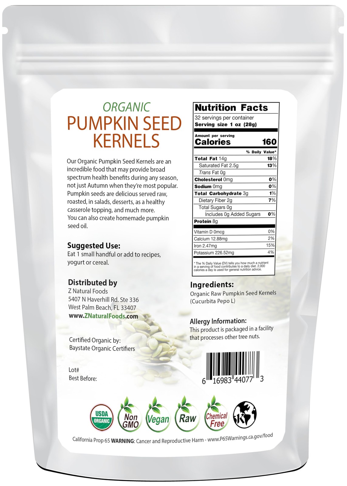 Z Natural Foods Pumpkin Seeds Organic Raw – Premium Shelled Unsalted Kernels –
