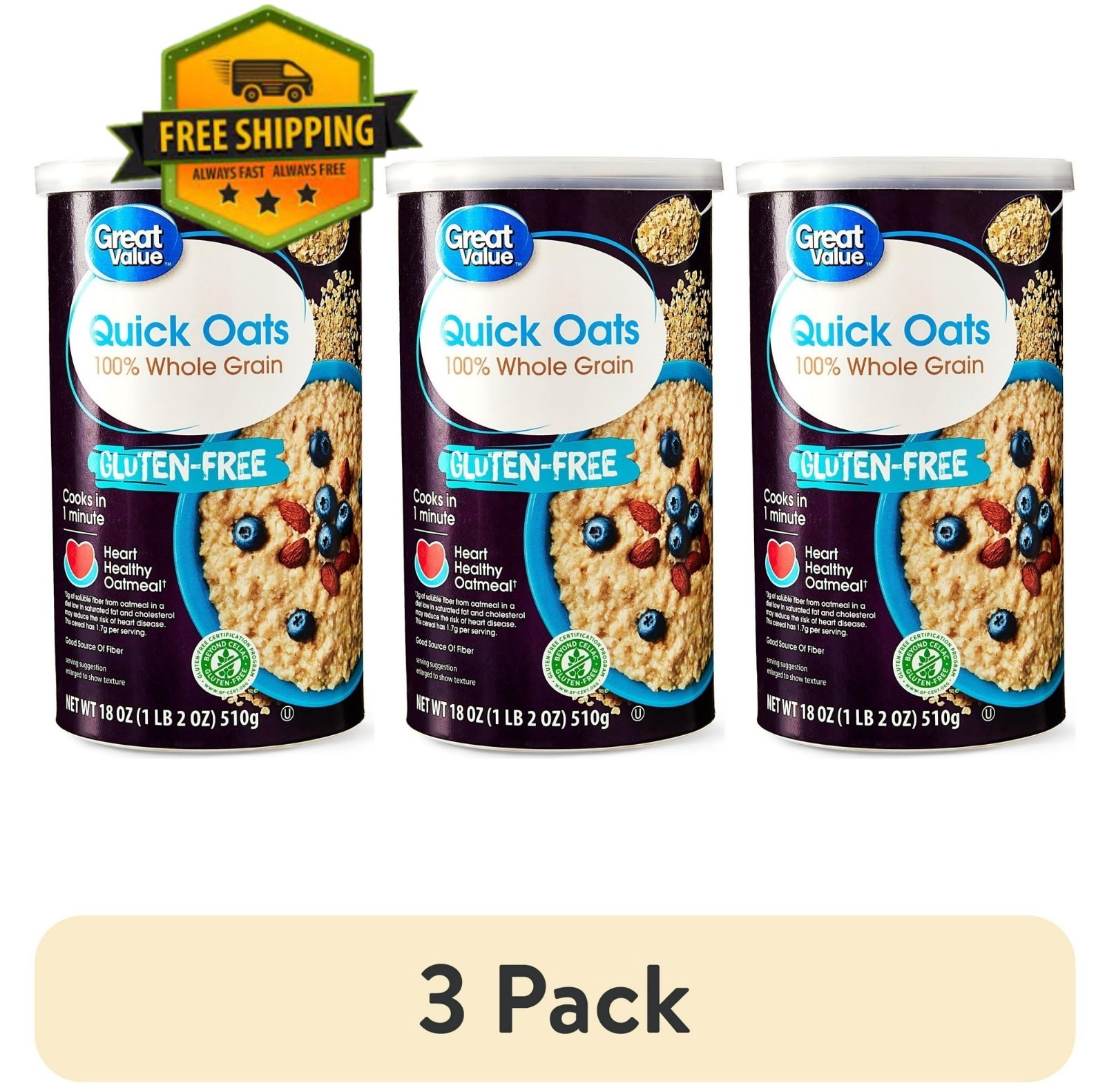 Great Value Gluten Free Quick Oats, 18 oz (Pack of 3)