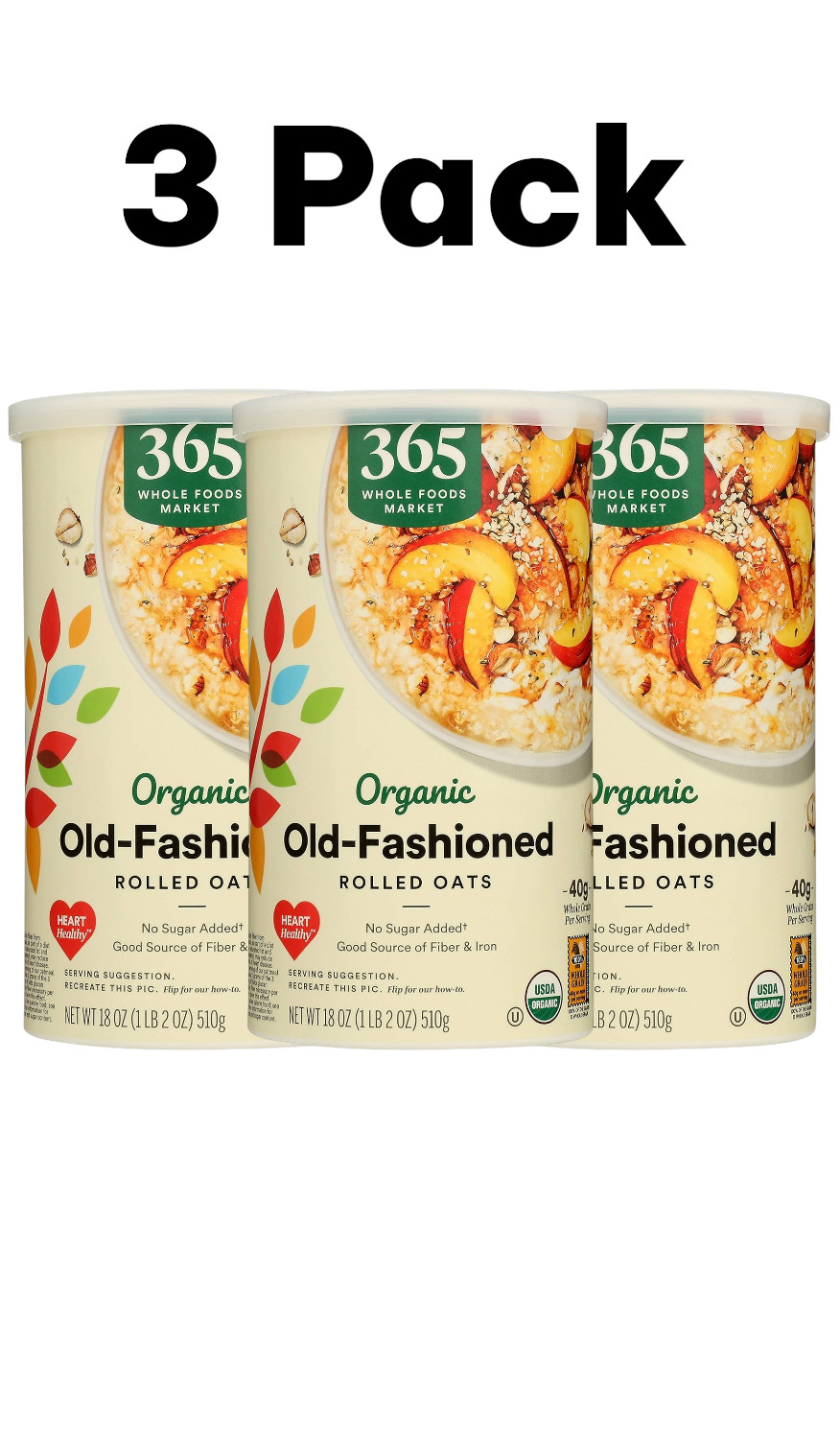 365 by Whole Foods Market, Organic Old Fashioned Rolled Oats, Vegan, 18 oz, 3pk