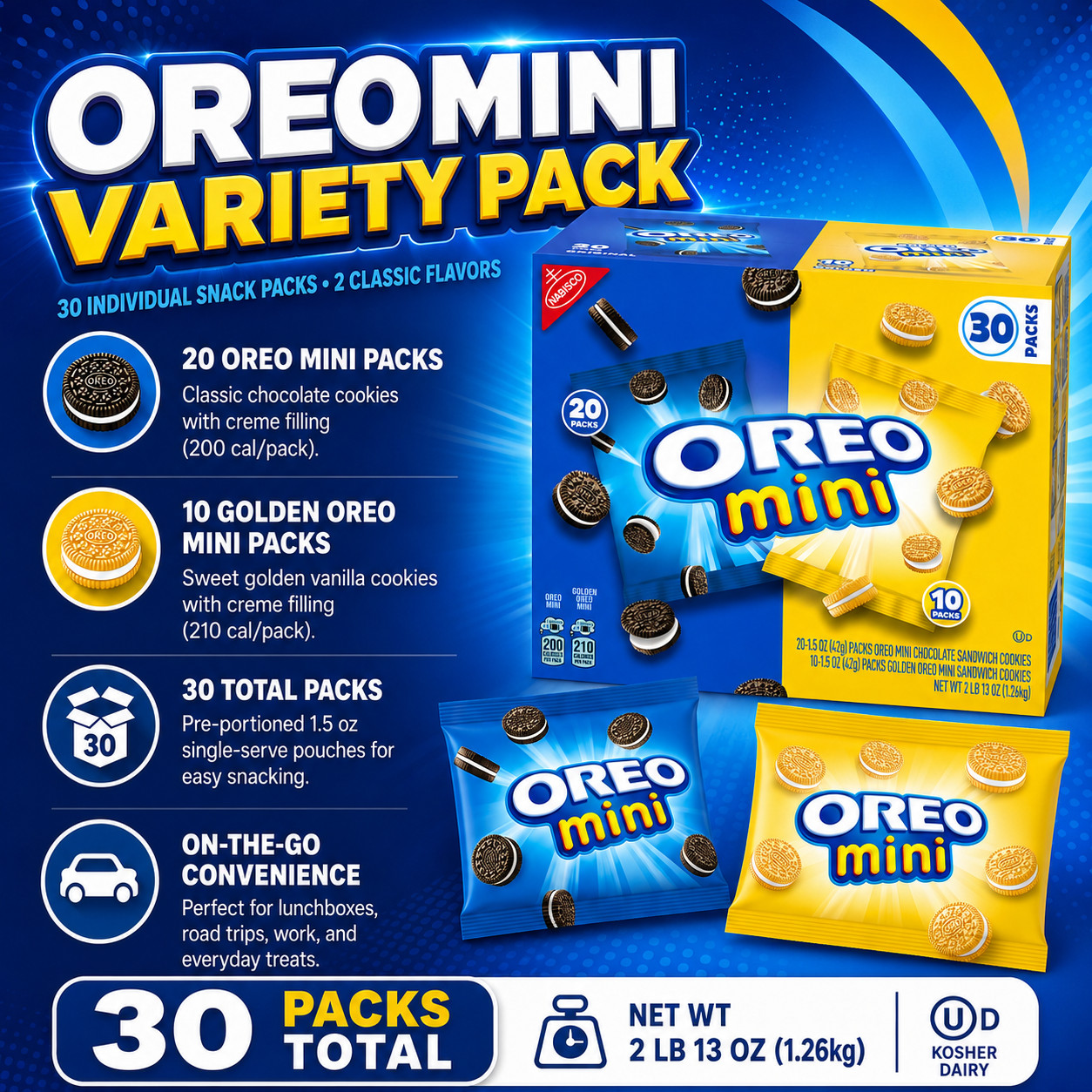 Oreo Mini Sandwich Cookies, Variety Pack, 1.5 oz, 30-count
