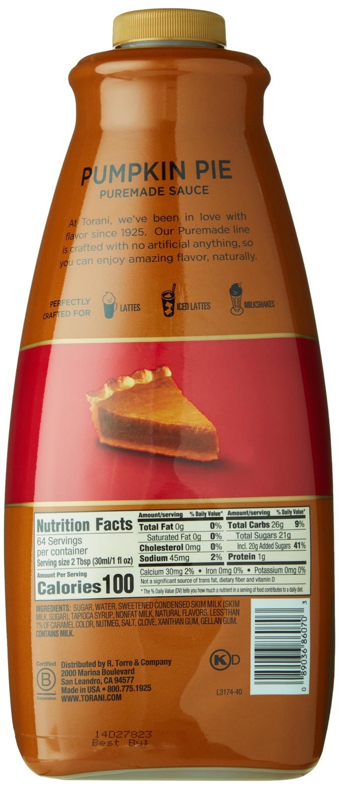Torani Pumpkin Pie Puremade Sauce 64 oz Pumpkin Pie – Exp 12/2026