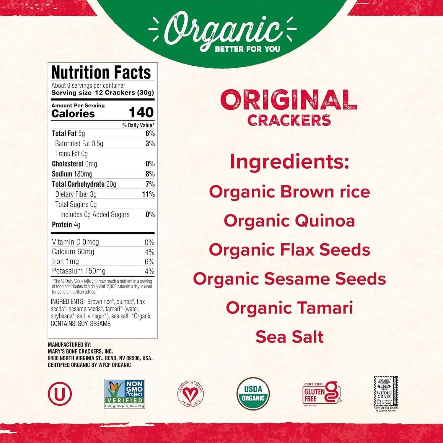 Mary’s Gone Crackers Original Crackers, Flax & Sesame Seeds, Gluten Free, 6.5 Oz
