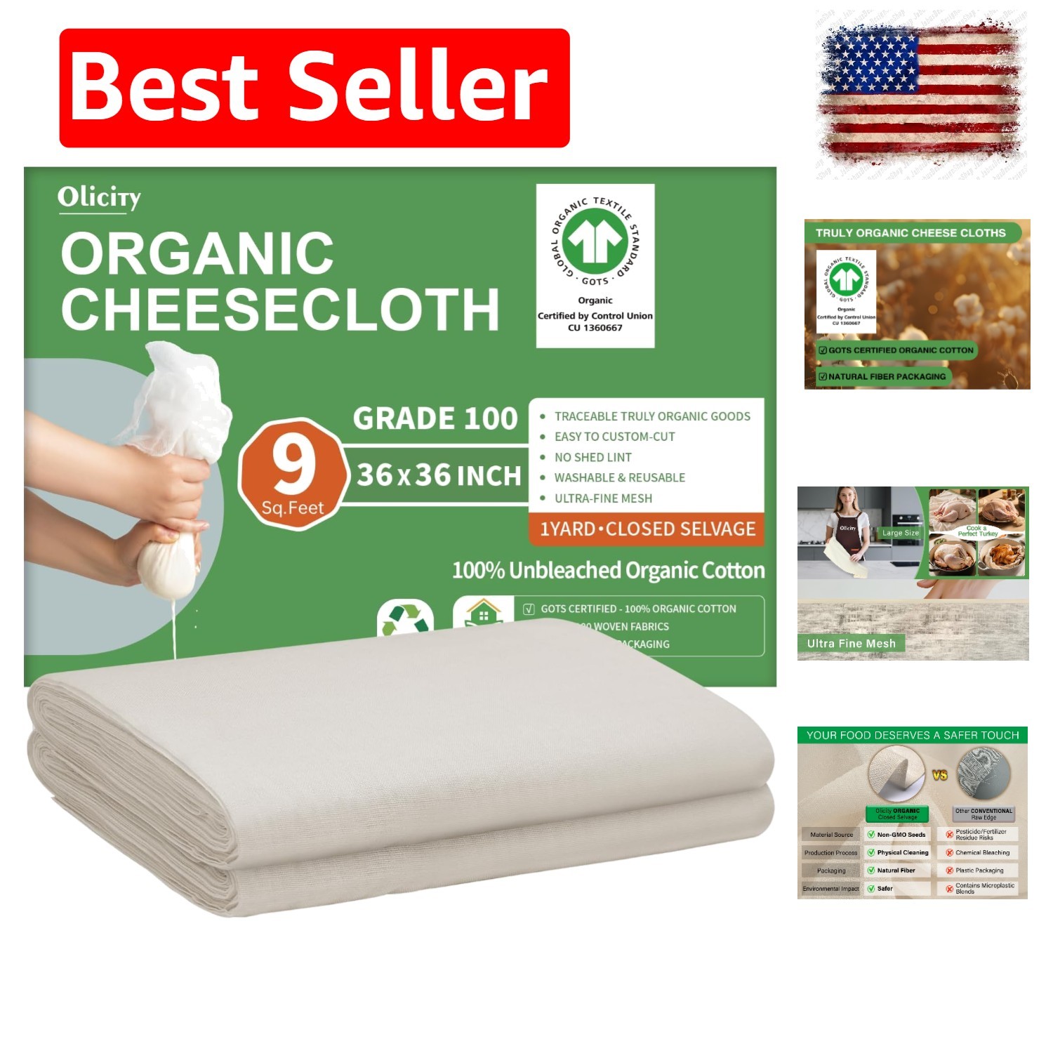 Organic Cheese Cloths, GOTS Certified, Grade 100, 36x36Inch, Reusable Cheese …