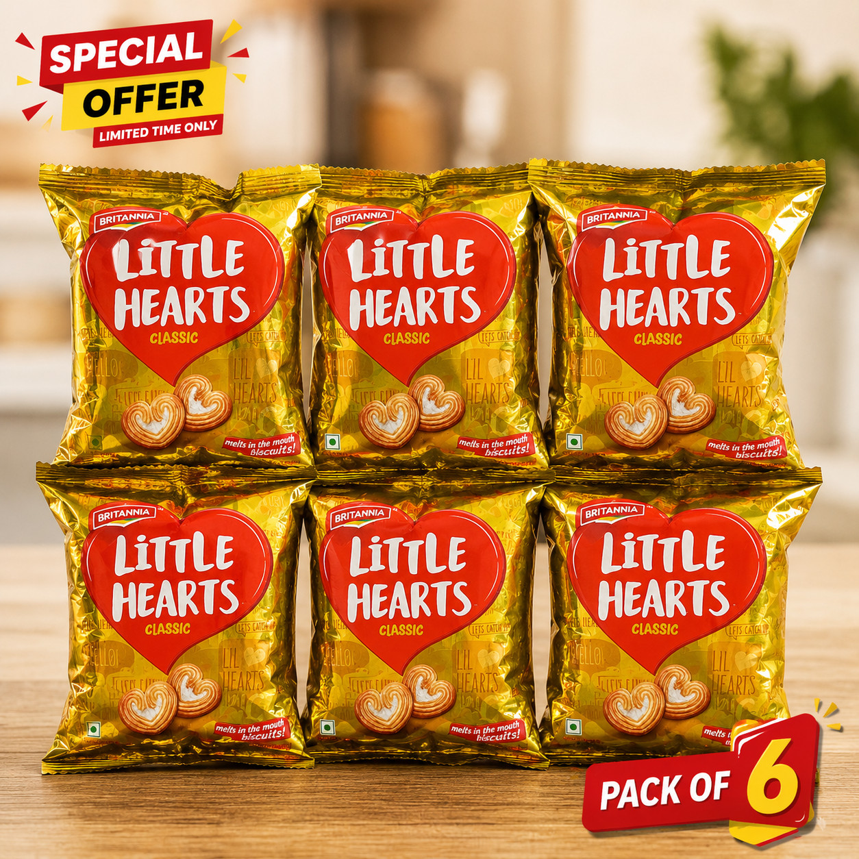 Britannia Little Hearts Classic Biscuits | Crispy Sweet Puff Cookies Snack 6CT