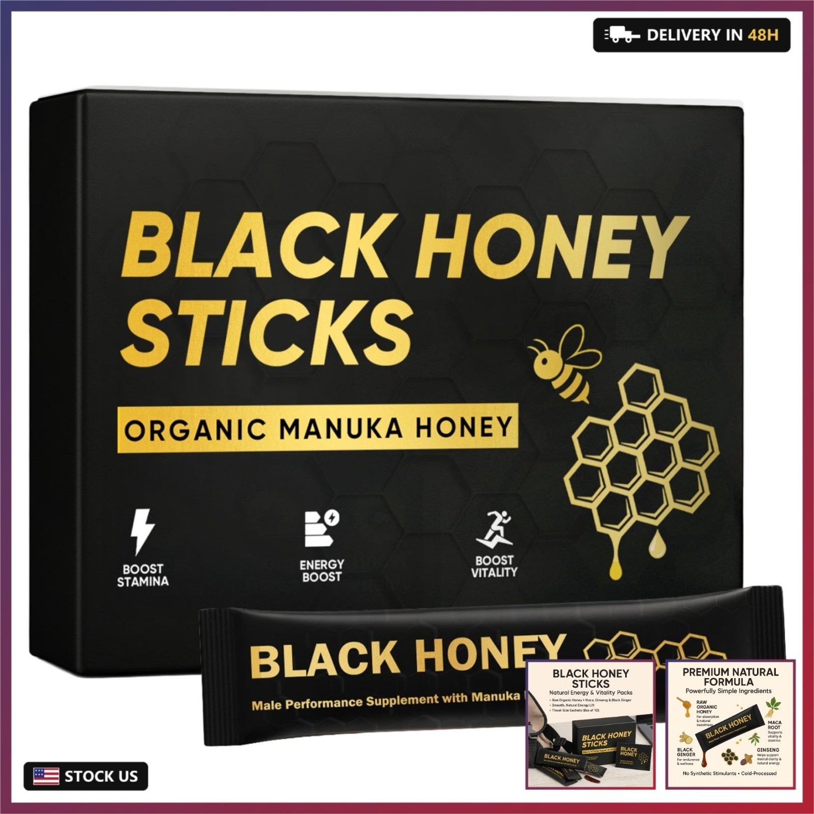 Black Honey Sticks Natural Energy & Vitality Packs – Raw Organic Honey with M…