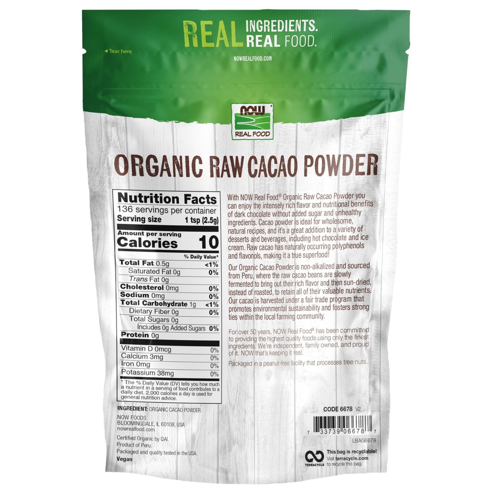 NOW Foods Organic Raw Cacao Powder with Polyphenols and Flavonols Sun-Dried