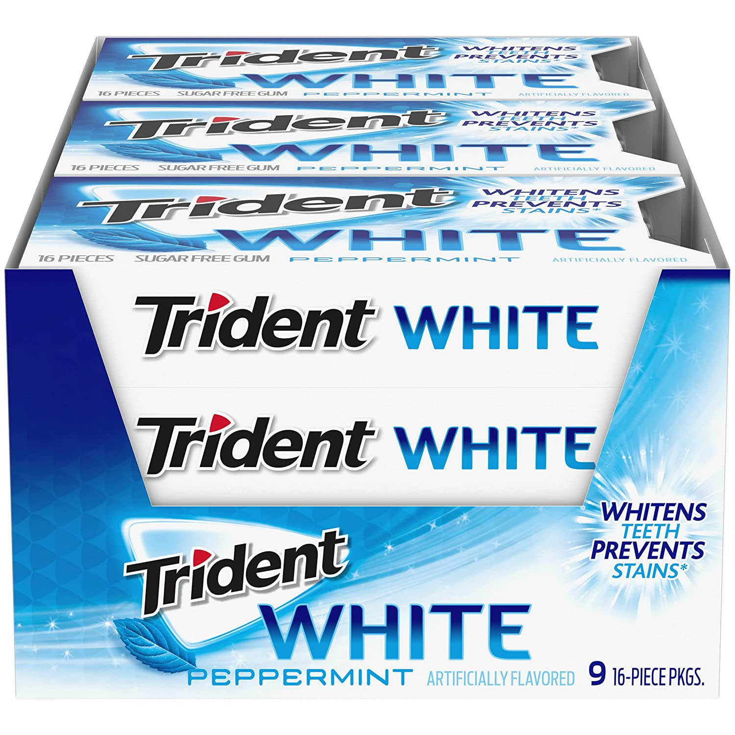 Trident White Peppermint Sugar-Free Chewing Gum, 9 Packs of 16 Pieces (144 Total