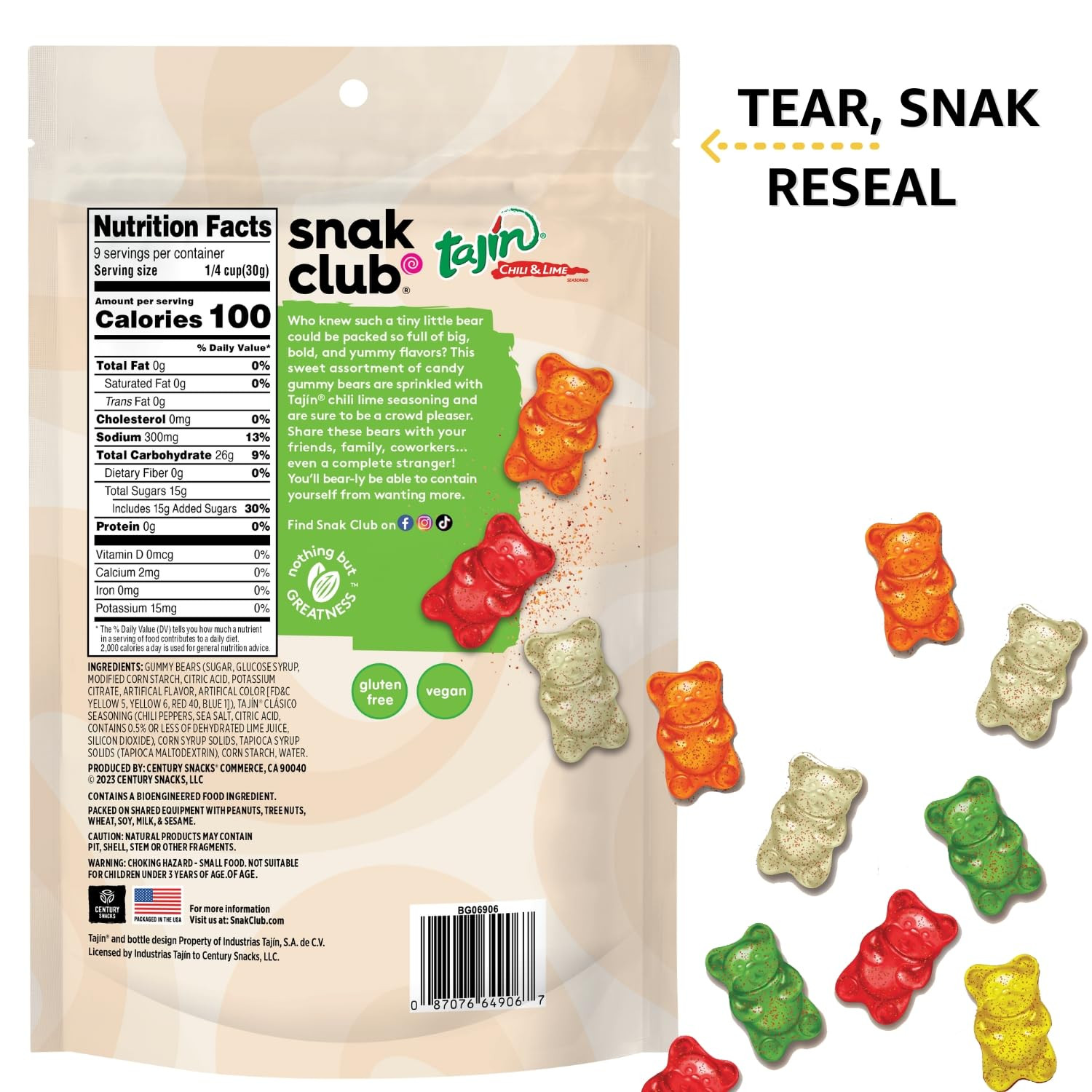Tajin Gummy Bears, Assorted Fruit Candy Gummies with Chili and Lime Seasoning, M