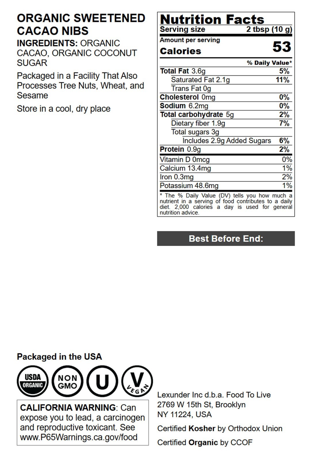 Organic Sweet Cacao Nibs – Non-GMO, Kosher, Lightly Sweetened with Coconut Sugar