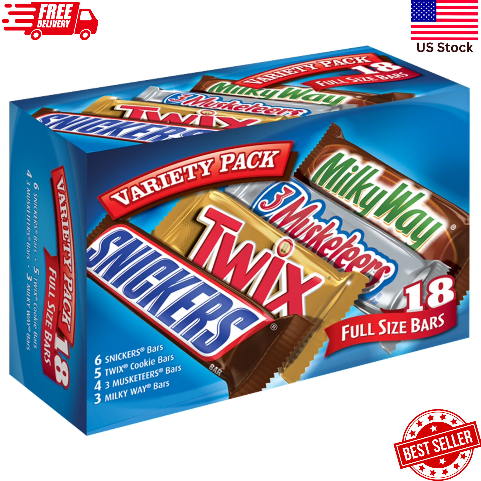 Snickers, Twix, Milky Way & More – Assorted Milk Chocolate – 18 Full Size Bars