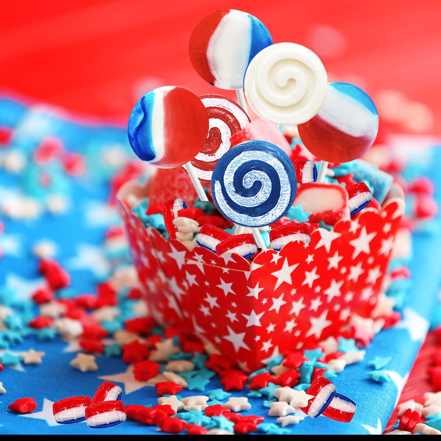 Assorted USA Patriotic Lollipops & Barrels Mix, Red, White, and Blue Mixed Fr…
