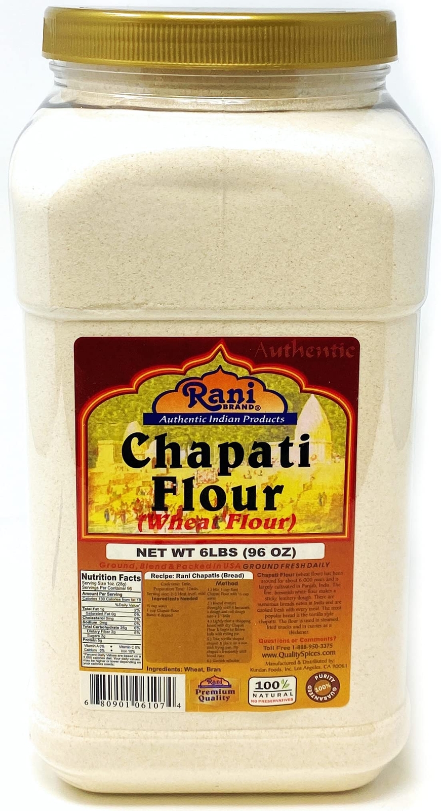 Rani Chapati Flour (100% Pure Whole Wheat Atta) 96oz (6lbs) 2.72kg PET Jar