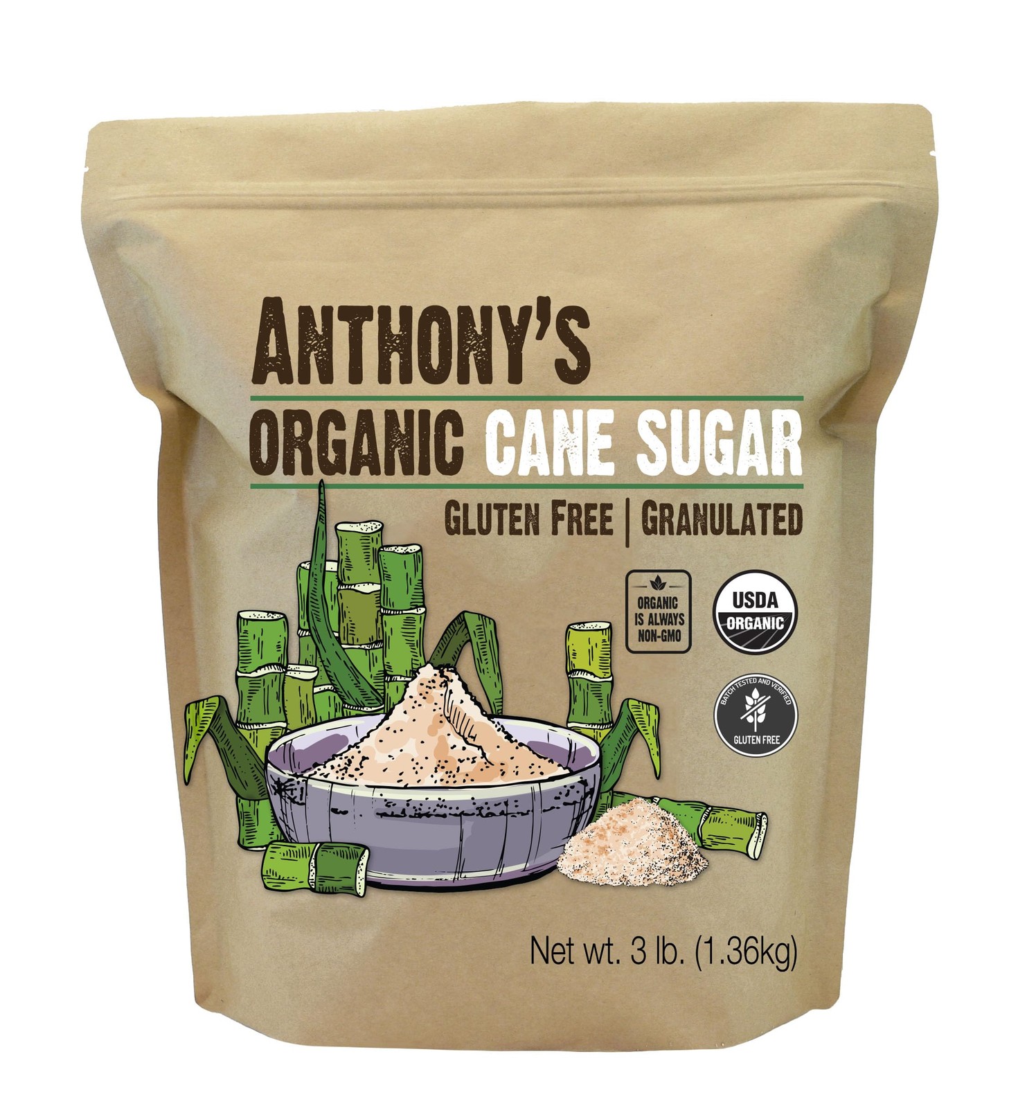 Anthony’s Organic Cane Sugar, 3 lb, Granulated, 48 Fl Oz (Pack of 1), Blonde