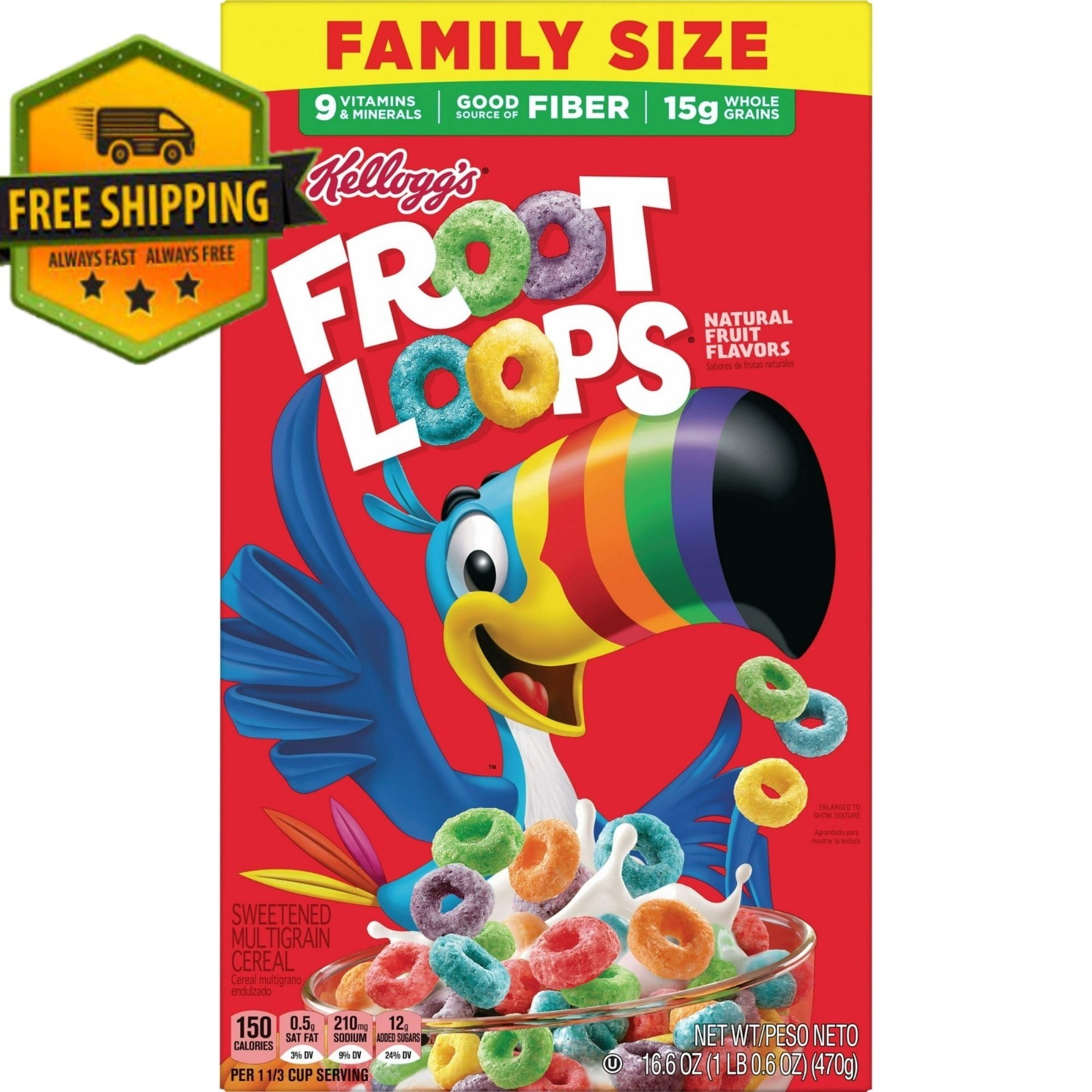 Kellogg’s Froot Loops Cereal Family Size 16.6 oz Breakfast Whole Grain