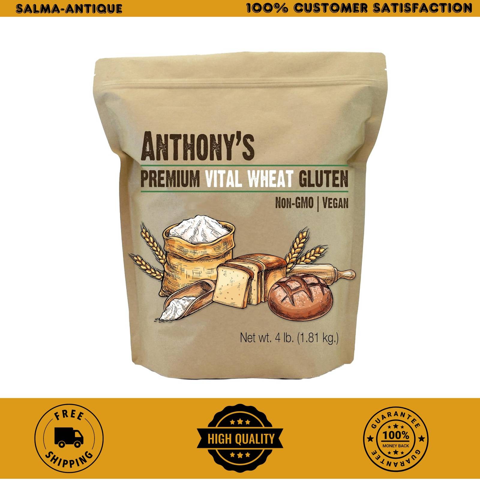 Anthony’s Vital Wheat Gluten 4 lb | 77% Protein | Vegan | Non-GMO | Resealable