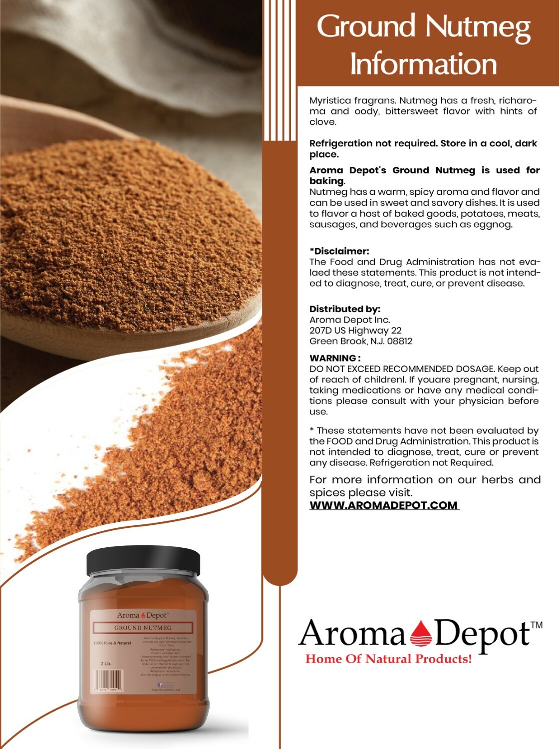 2lb Ground Nutmeg 100% Pure Natural Myristicaceae Nuez Moscada Powder JAR