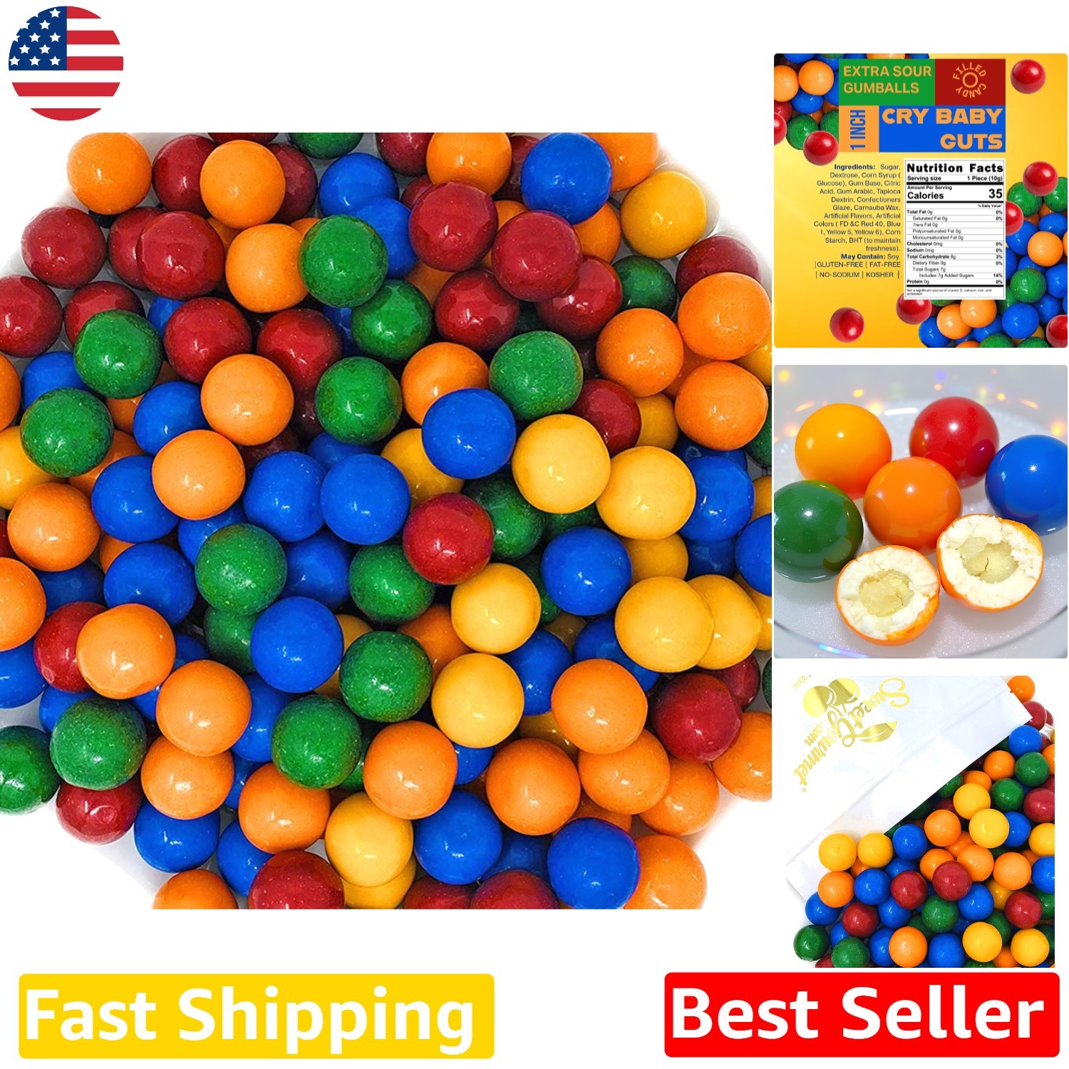 Gumballs: Extra Sour Cry Baby Guts, 1-Inch, Candy Filled, 5lb Bulk Bag, Kosher