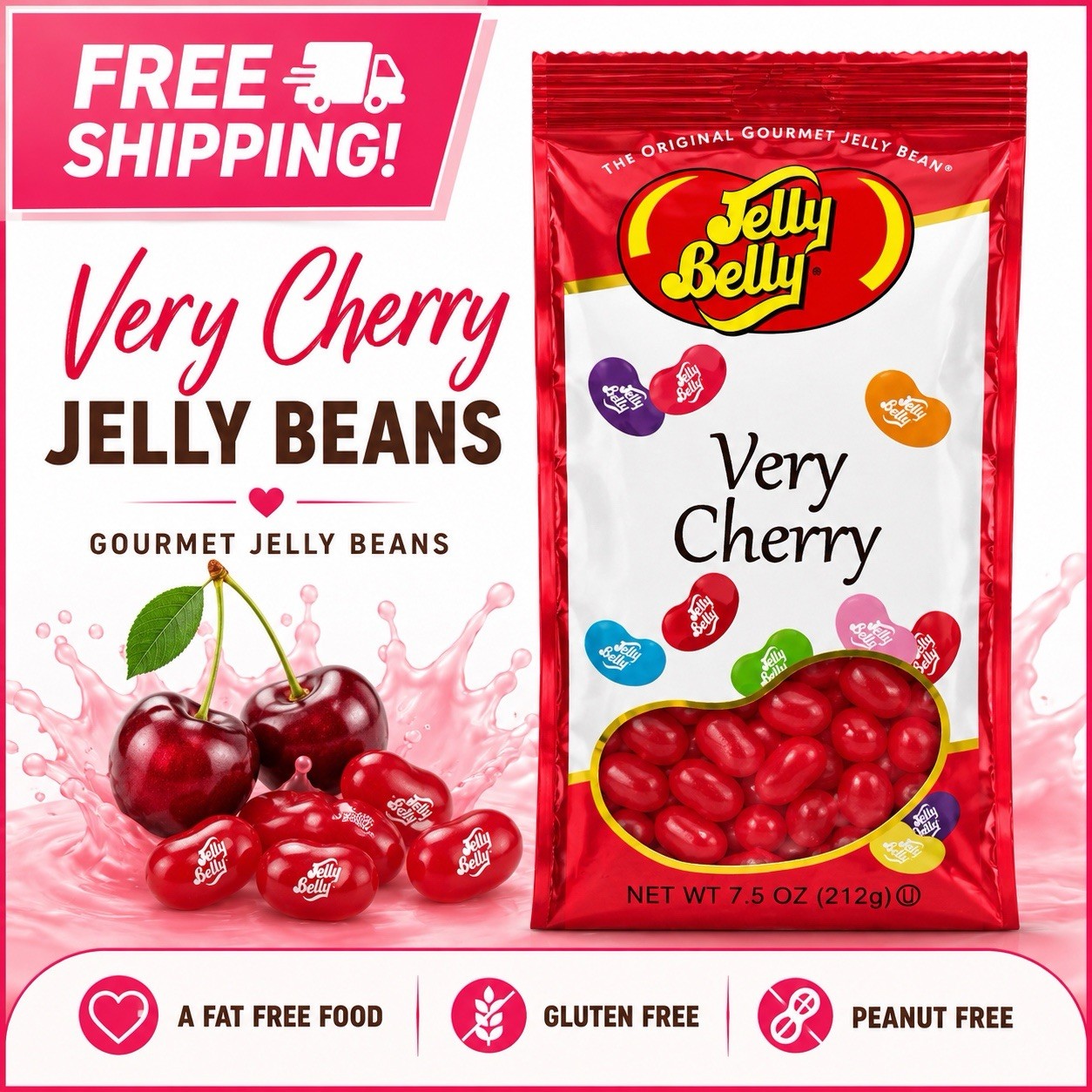 Jelly Belly – Very Cherry – 7.5 oz – No Gluten – No Peanuts – Fat Free – Free 🚢