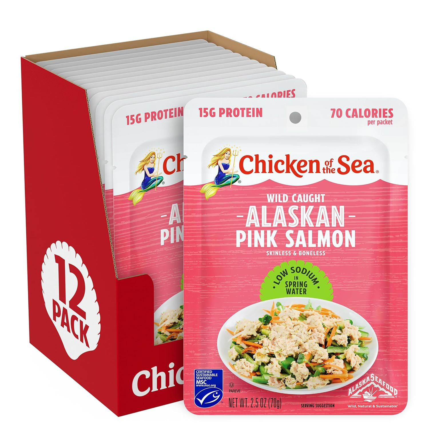 Alaskan Pink Salmon, 2.5 Oz. Packets (Box of 12), Wild Caught Salmon, Skinless &
