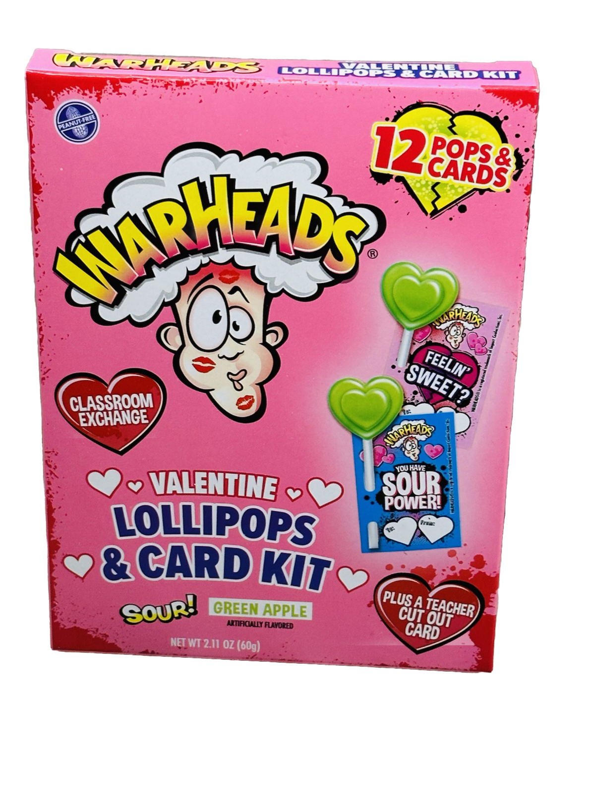 Valentine’s Day Warheads Sour Green Apple Candy Lollipops Card Kit 12 Pc See Bel