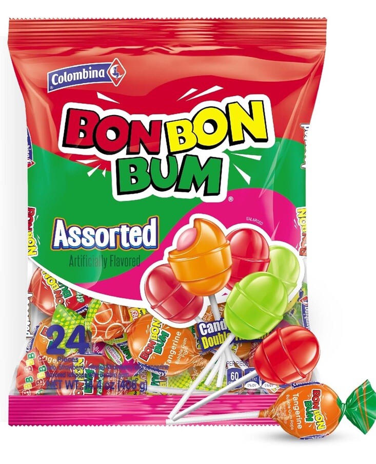 Colombina Bon Bon Bum Surtido Bubble Gum Pops 24 Lollipops