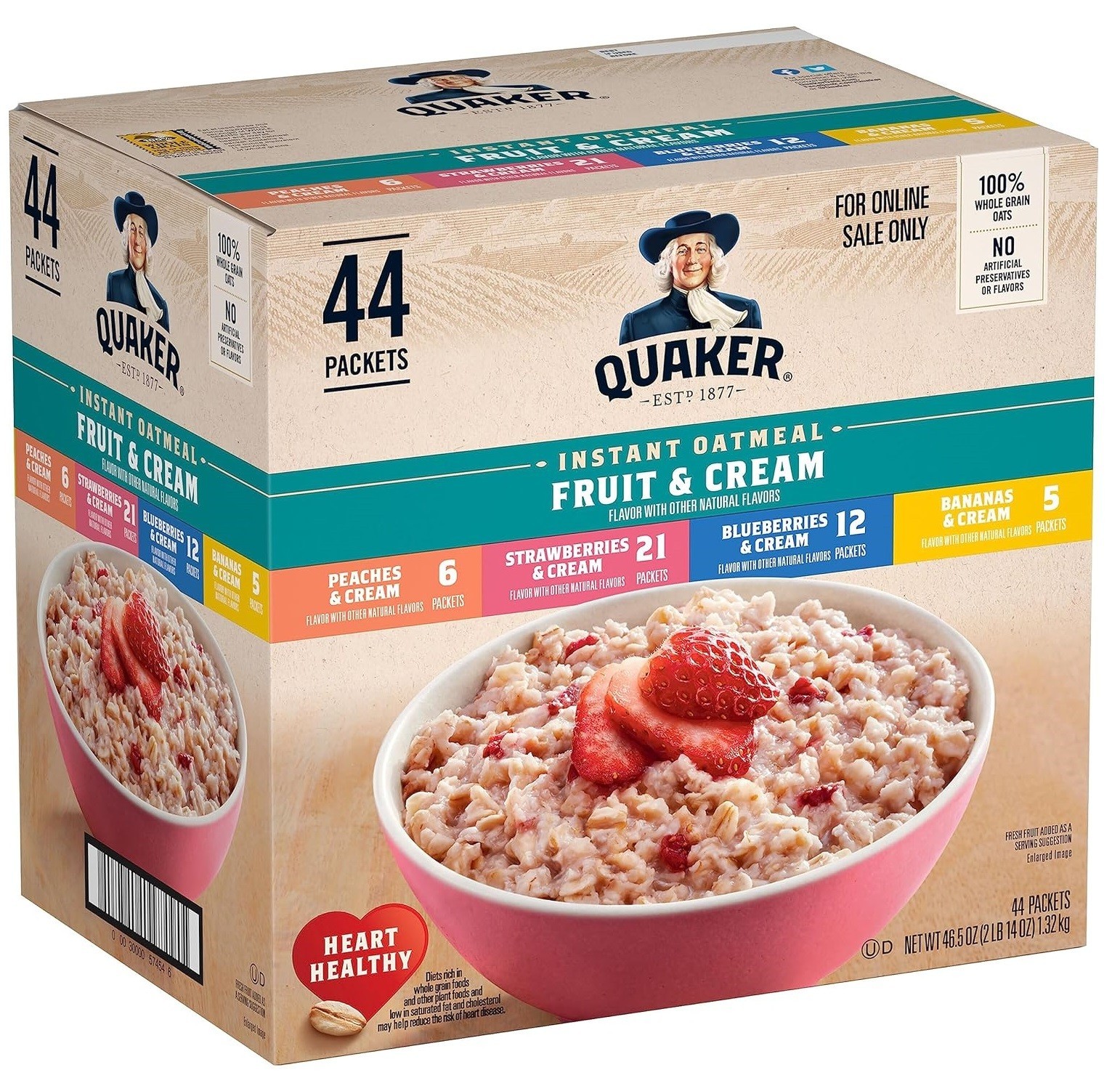 Quaker Instant Oatmeal Fruit & Cream Variety Single Serve Packets, 44 Pack