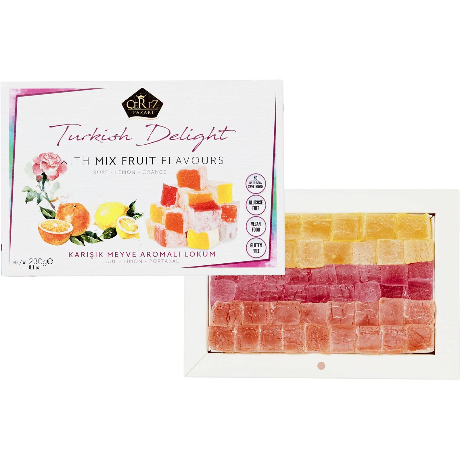 Cerez Pazari Turkish Delight with Rose, Orange and Lemon 7 Ounce (Pack of 1)