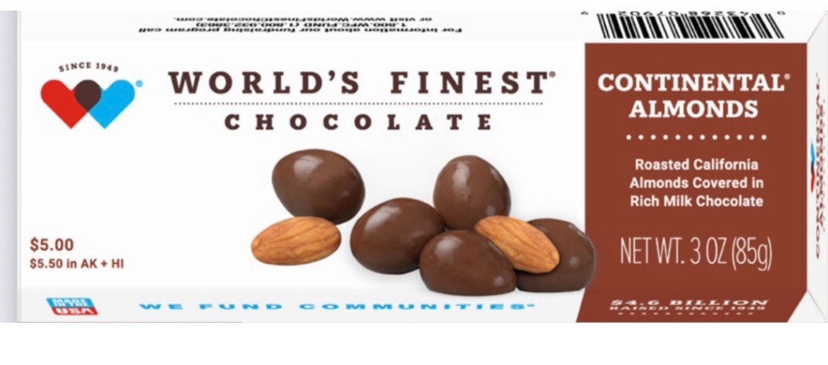 World’s Finest Chocolate***CHOCOLATE COVERED ALMONDS***8 PACK/ $5 (3oz) Boxes