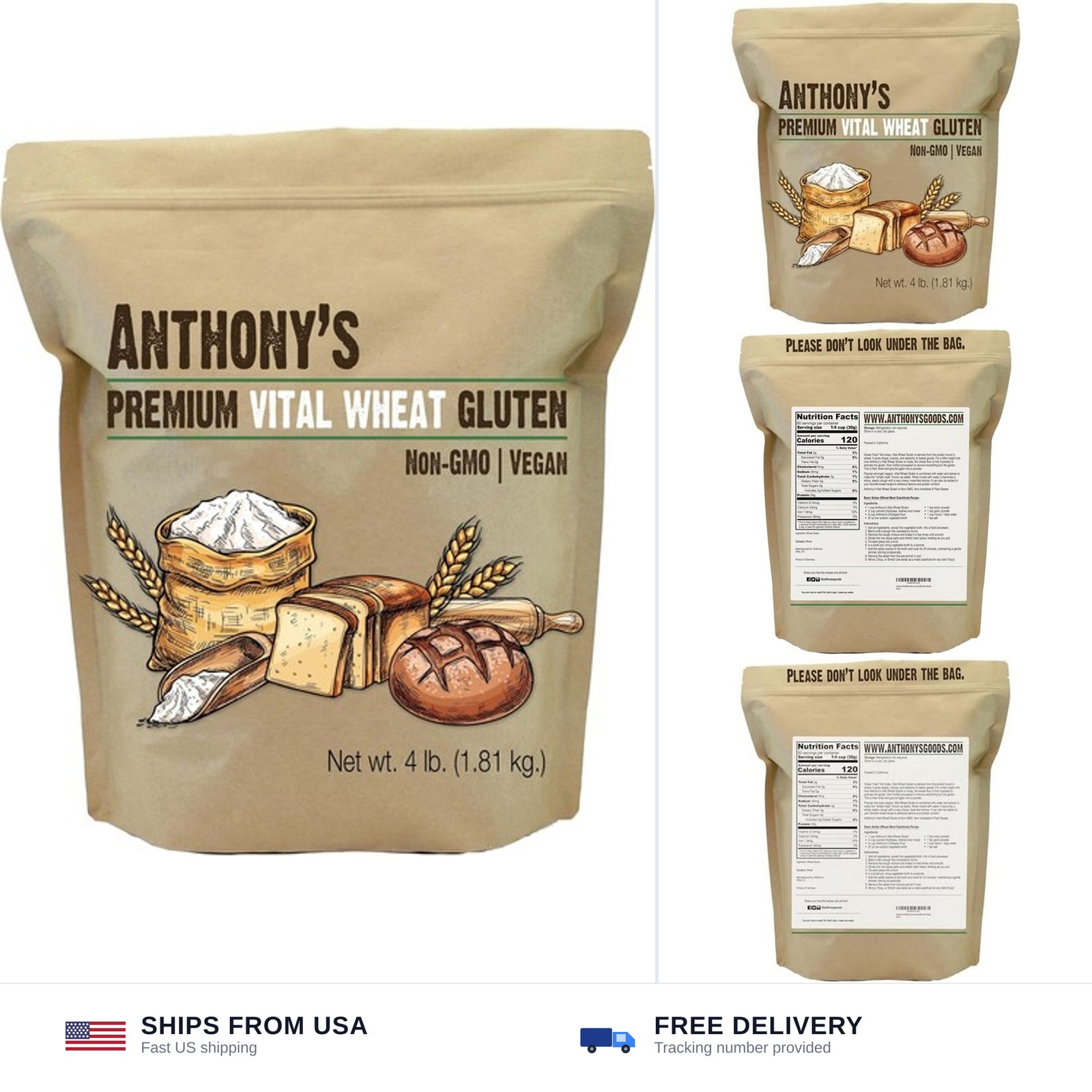 Anthony’s Vital Wheat Gluten, 4 lb, Vegan, Non GMO, Keto Friendly, Low Carb