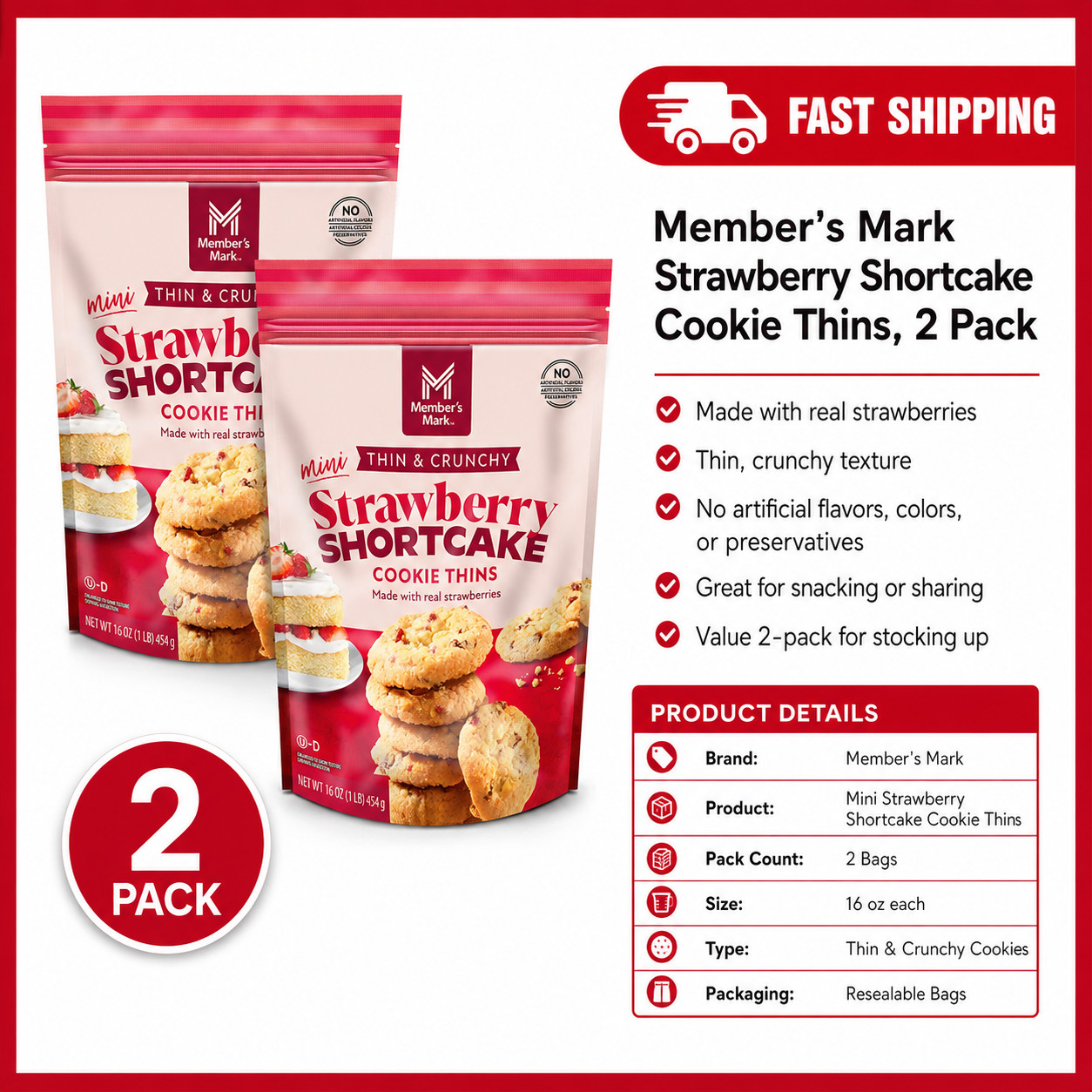 2 Pack Member’s Mark Mini Strawberry Shortcake Cookie Thins ~ 16 oz Each